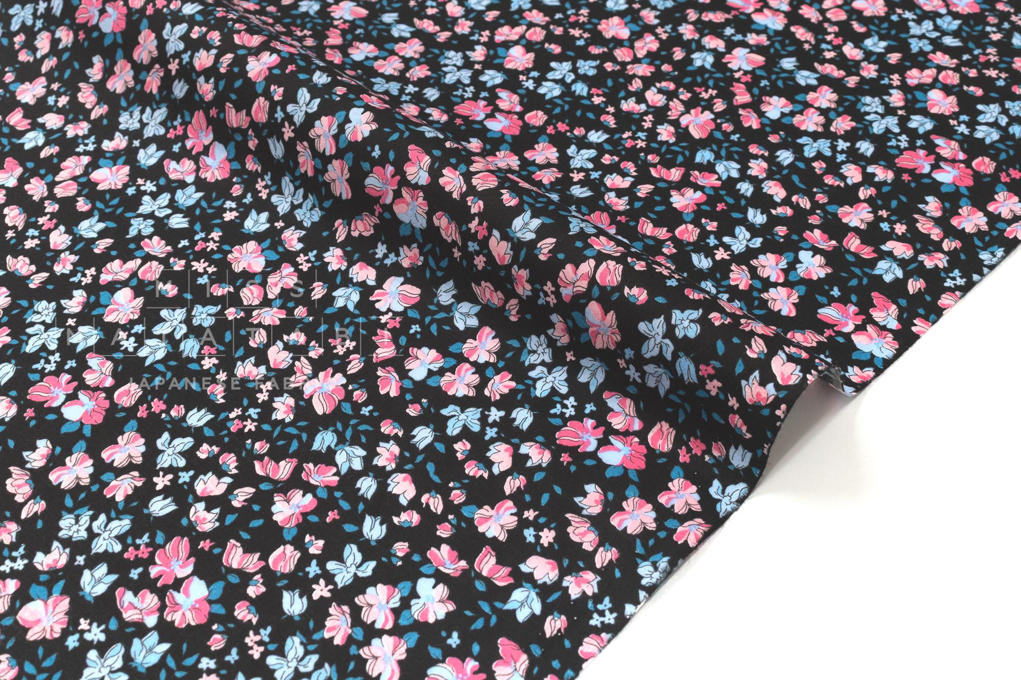 DEADSTOCK Japanese Fabric Flightly Floral - black, pink, blue - 50cm