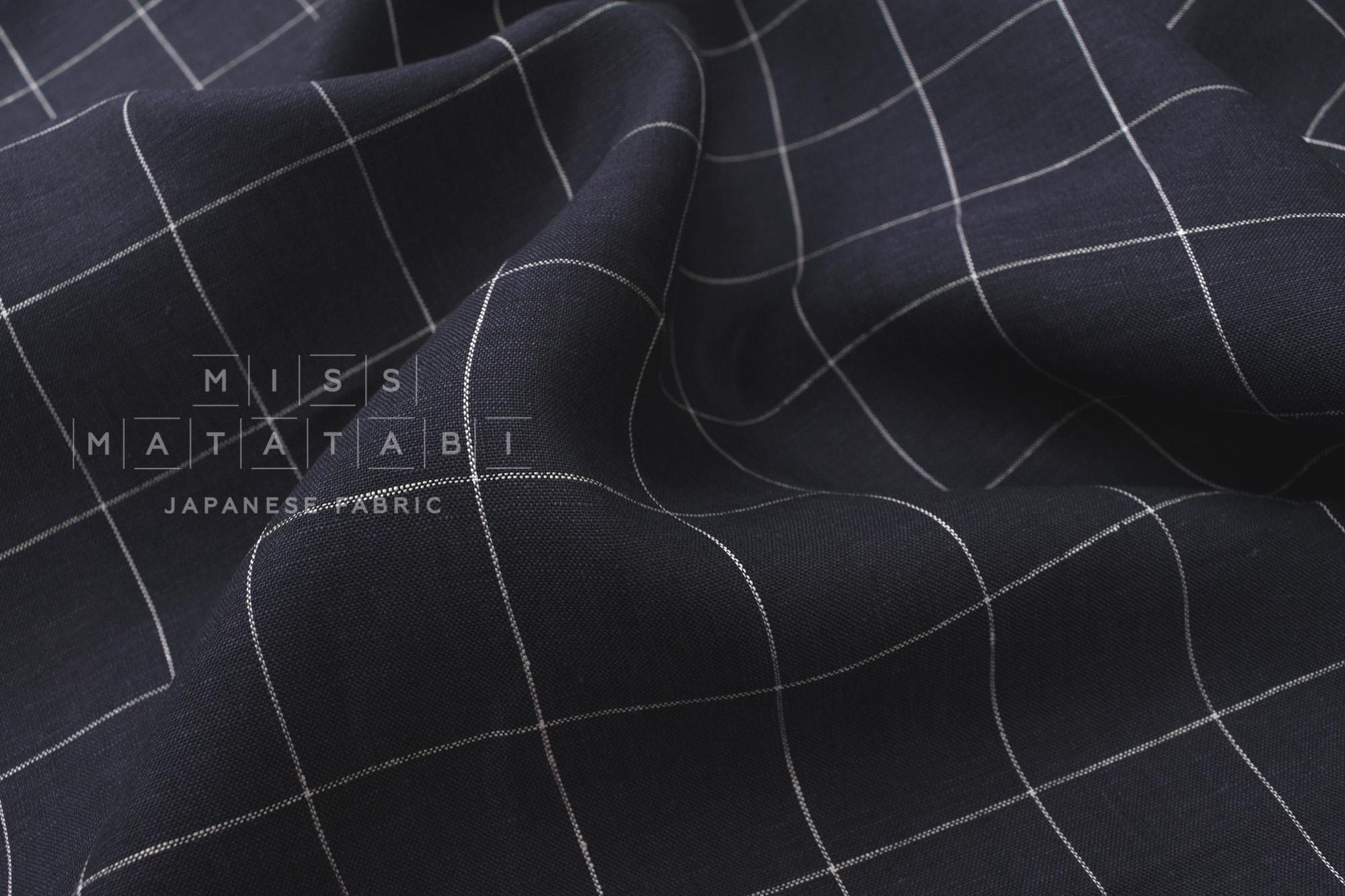 DEADSTOCK Japanese Fabric 100% Linen Check Plaid - blue - 50cm