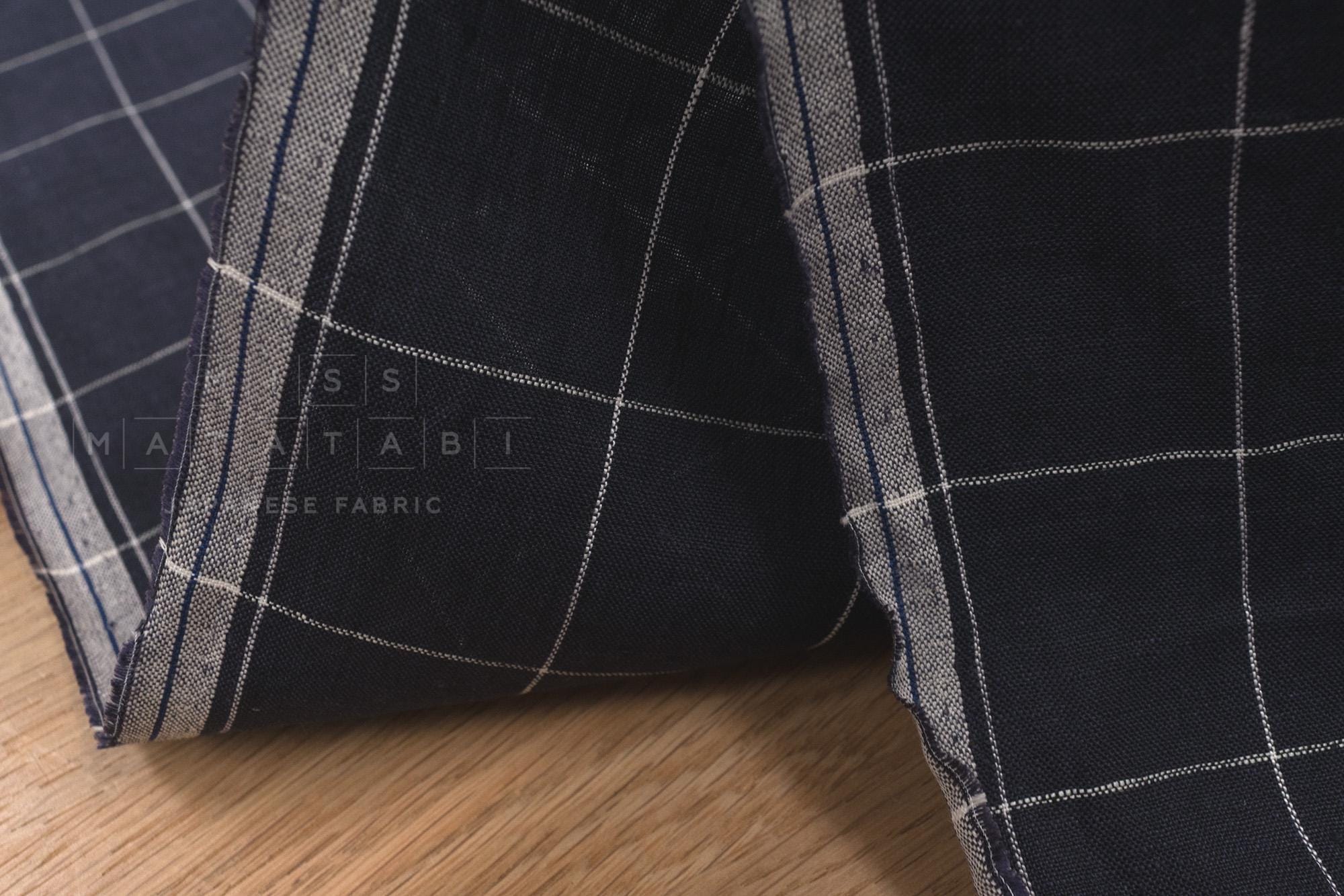 DEADSTOCK Japanese Fabric 100% Linen Check Plaid - blue - 50cm