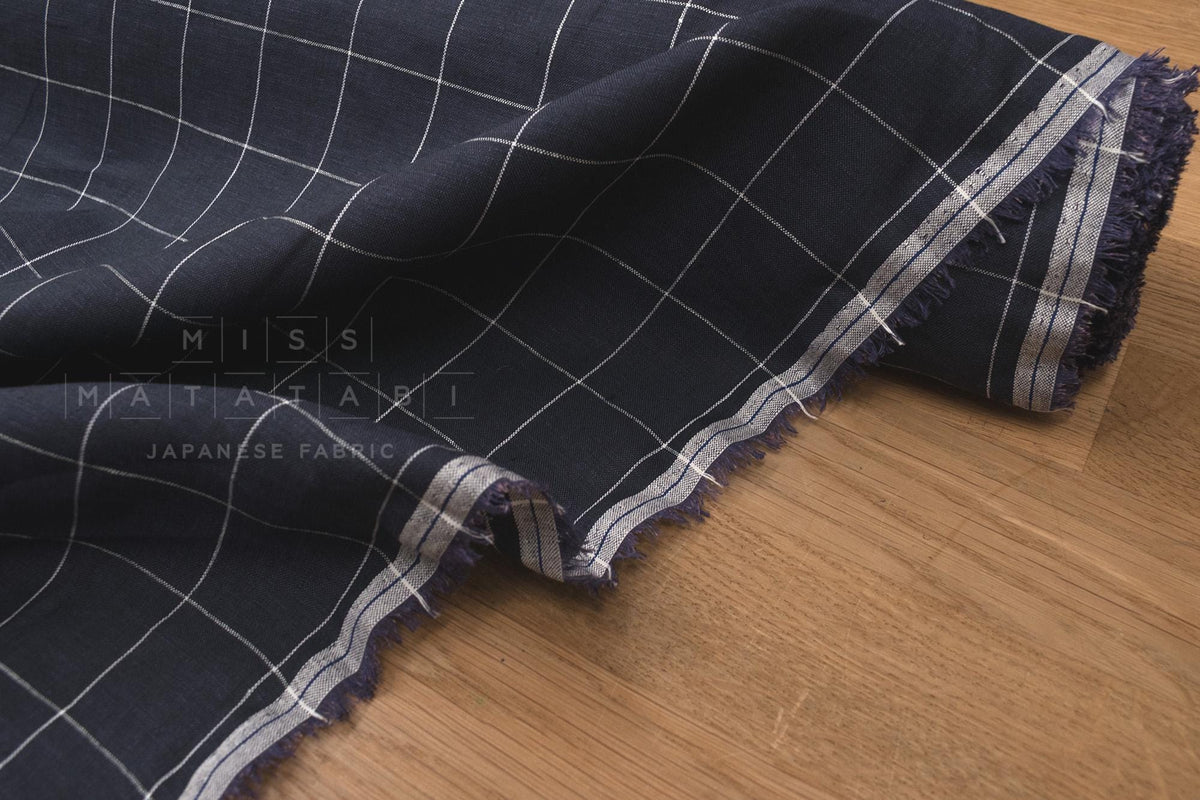 DEADSTOCK Japanese Fabric 100% Linen Check Plaid - blue - 50cm