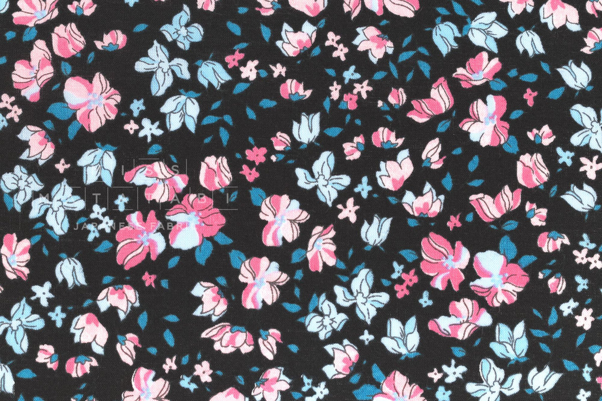 DEADSTOCK Japanese Fabric Flightly Floral - black, pink, blue - 50cm