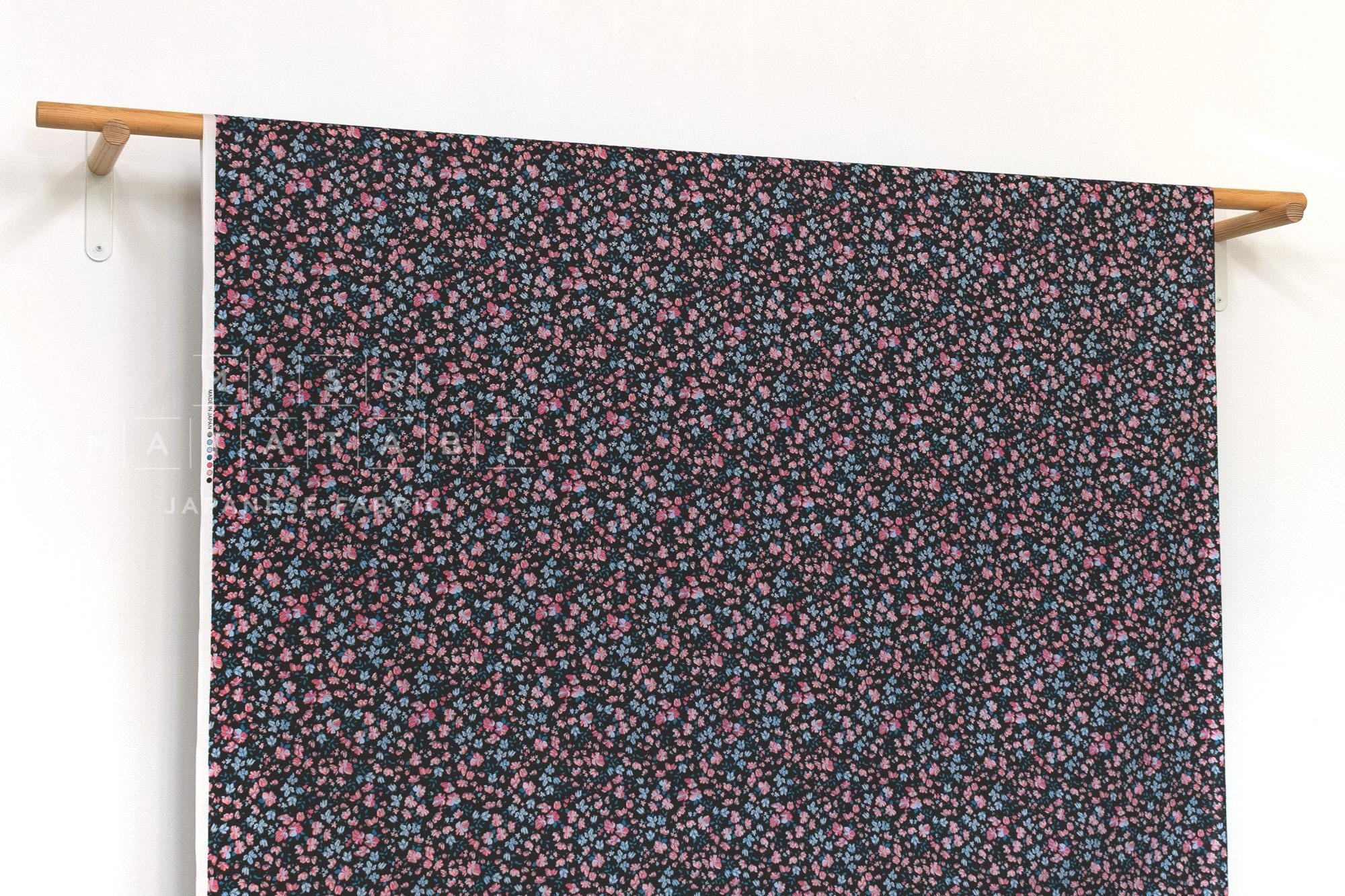DEADSTOCK Japanese Fabric Flightly Floral - black, pink, blue - 50cm