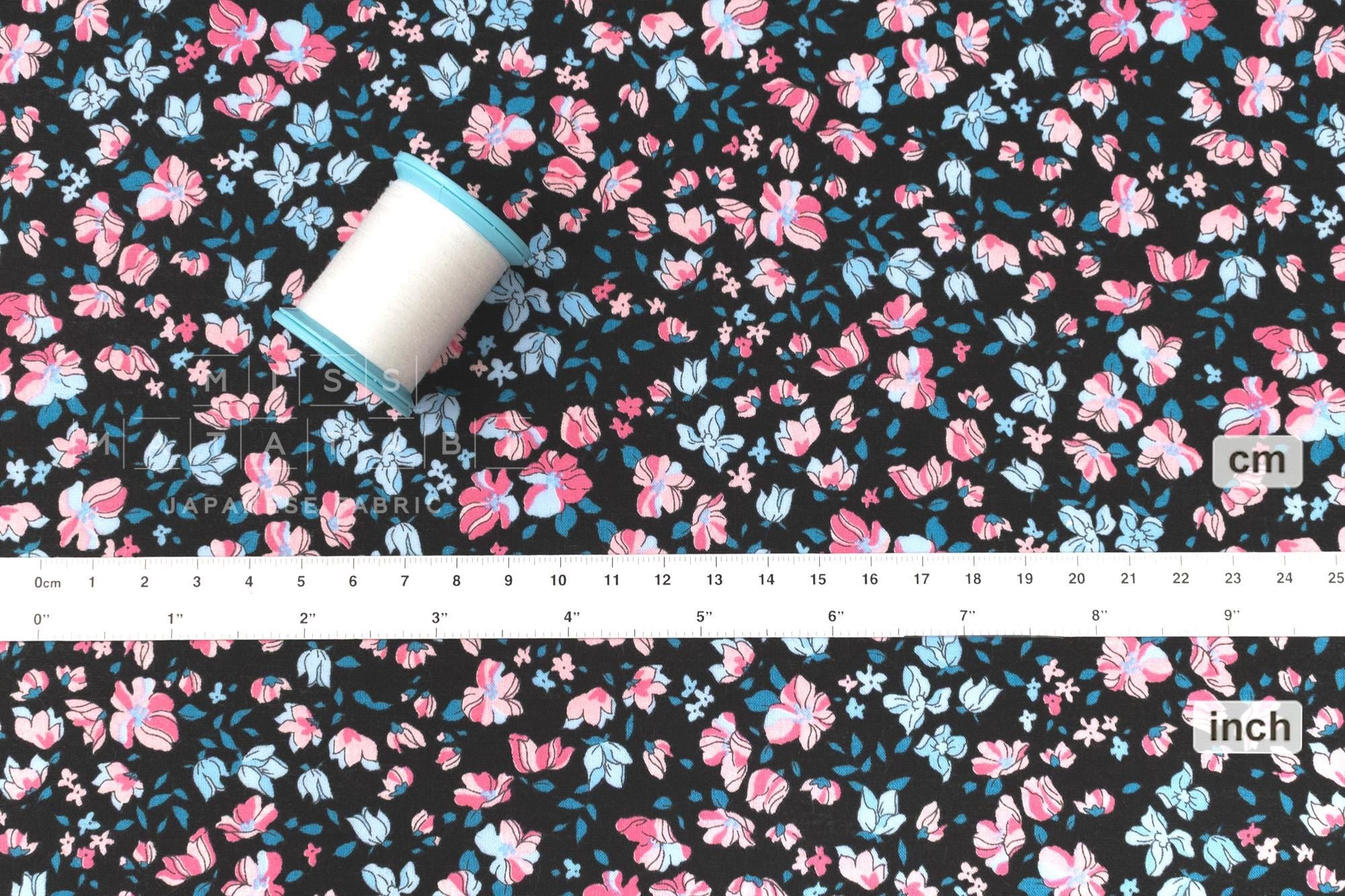 DEADSTOCK Japanese Fabric Flightly Floral - black, pink, blue - 50cm