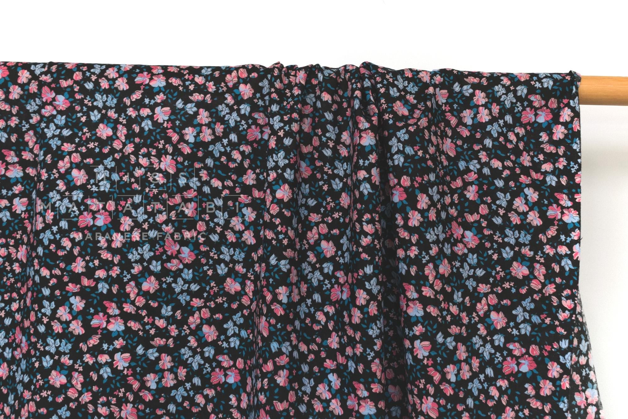 DEADSTOCK Japanese Fabric Flightly Floral - black, pink, blue - 50cm