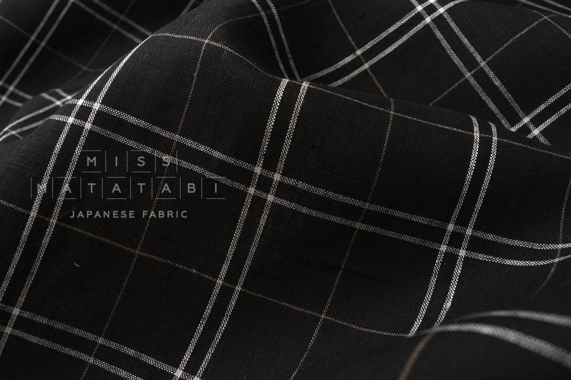 DEADSTOCK Japanese Fabric 100% Linen Check Plaid - black - 50cm