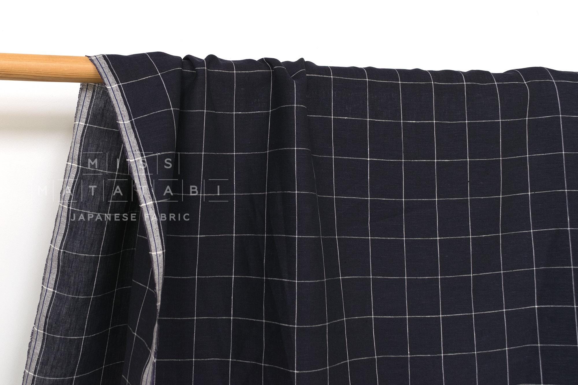 DEADSTOCK Japanese Fabric 100% Linen Check Plaid - blue - 50cm