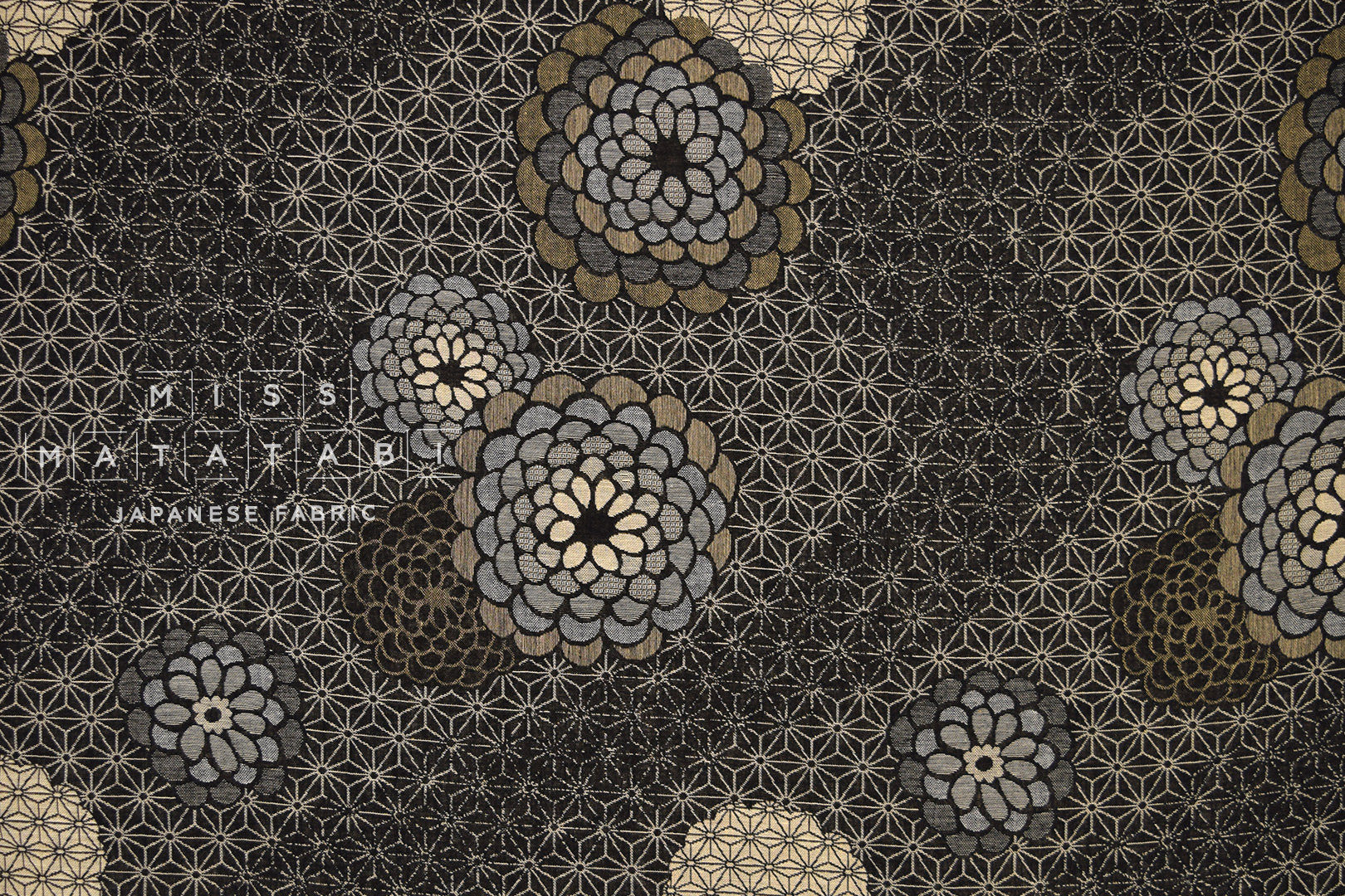 Japanese Fabric - Yarn Dyed Jacquard Peony  - black, latte - 50cm