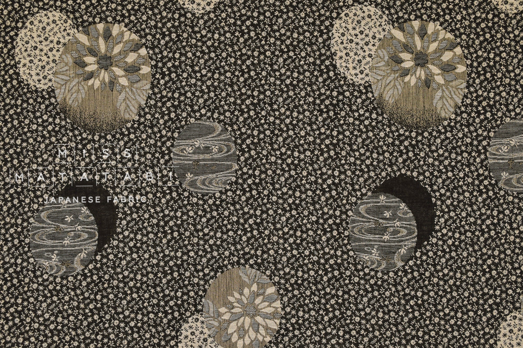 Japanese Fabric - Yarn Dyed Jacquard Dainty Floral Temari - black, latte - 50cm