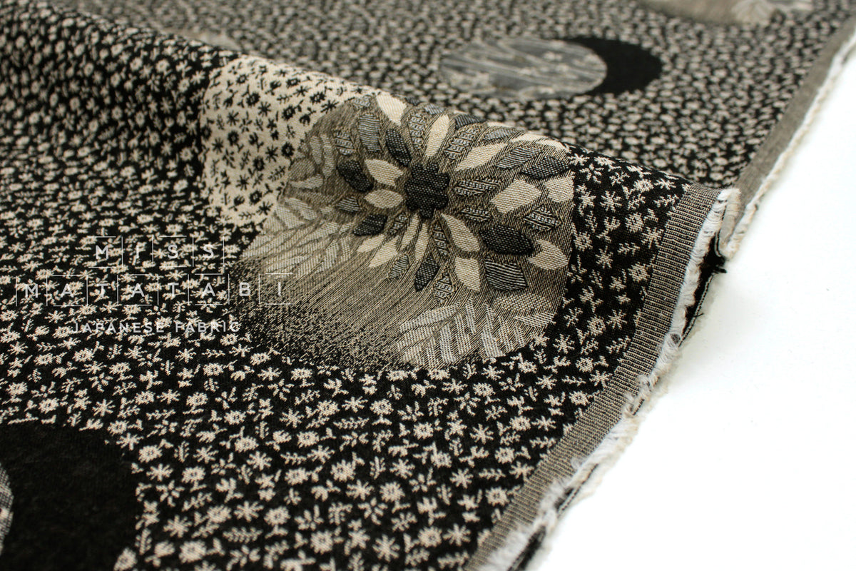 Japanese Fabric - Yarn Dyed Jacquard Dainty Floral Temari - black, latte - 50cm