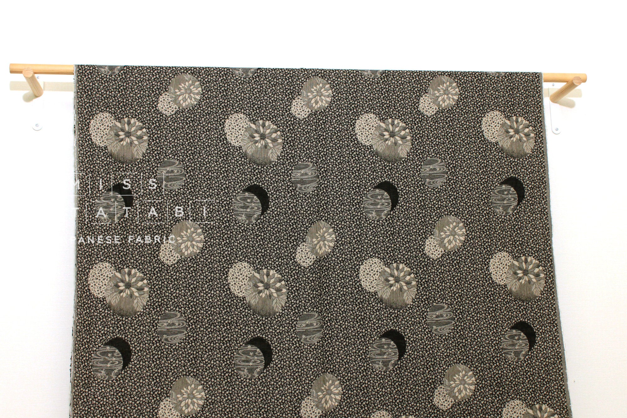 Japanese Fabric - Yarn Dyed Jacquard Dainty Floral Temari - black, latte - 50cm