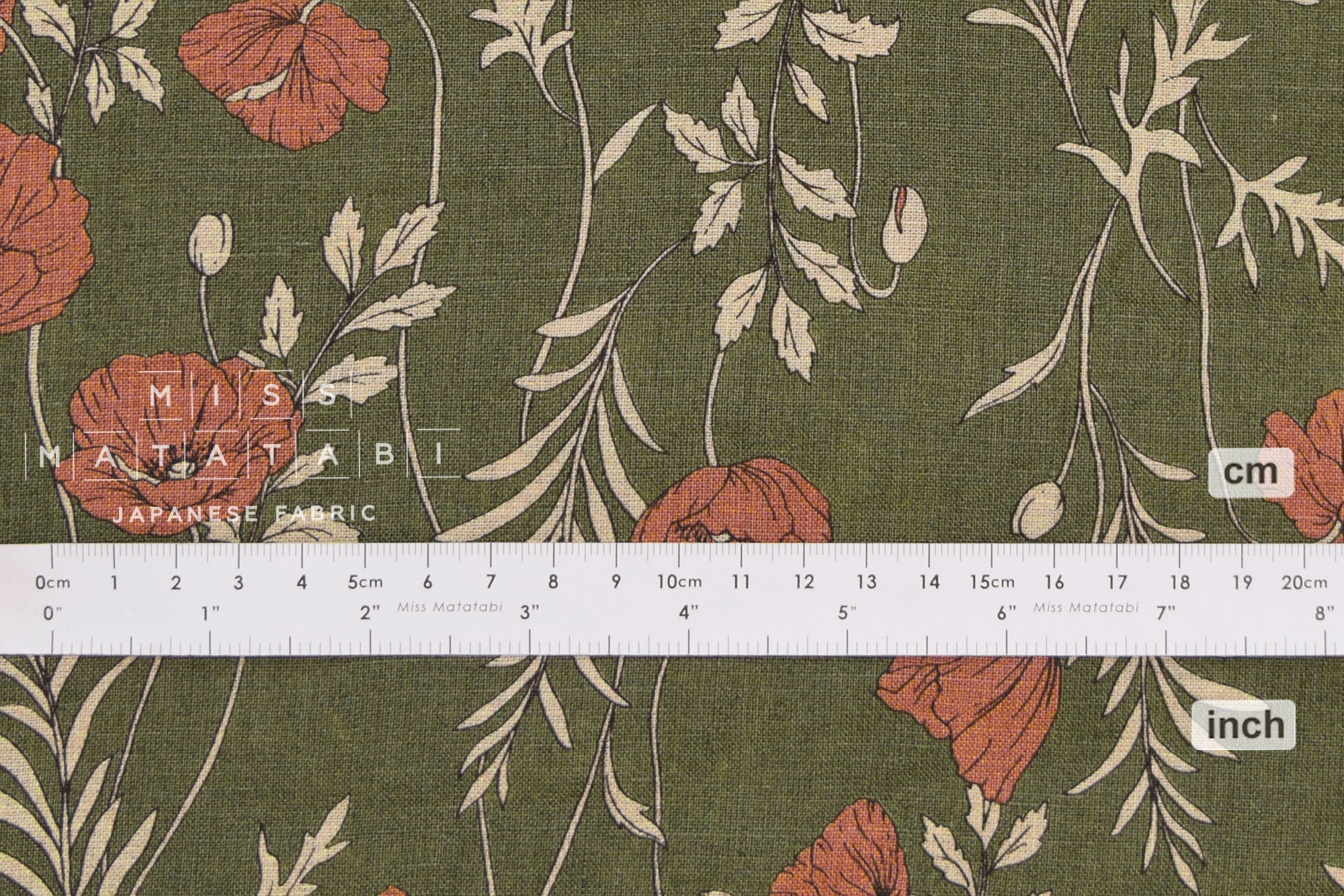 100% linen Poppies II - khaki, pink clay