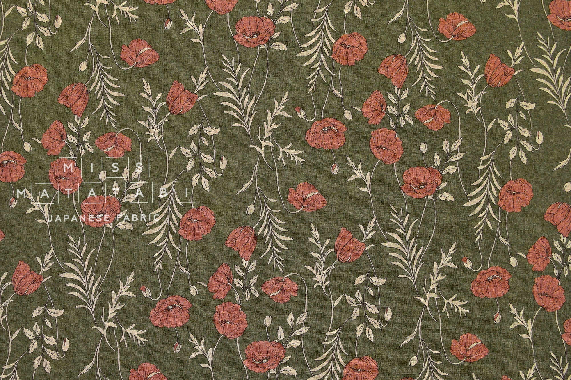 100% linen Poppies II - khaki, pink clay