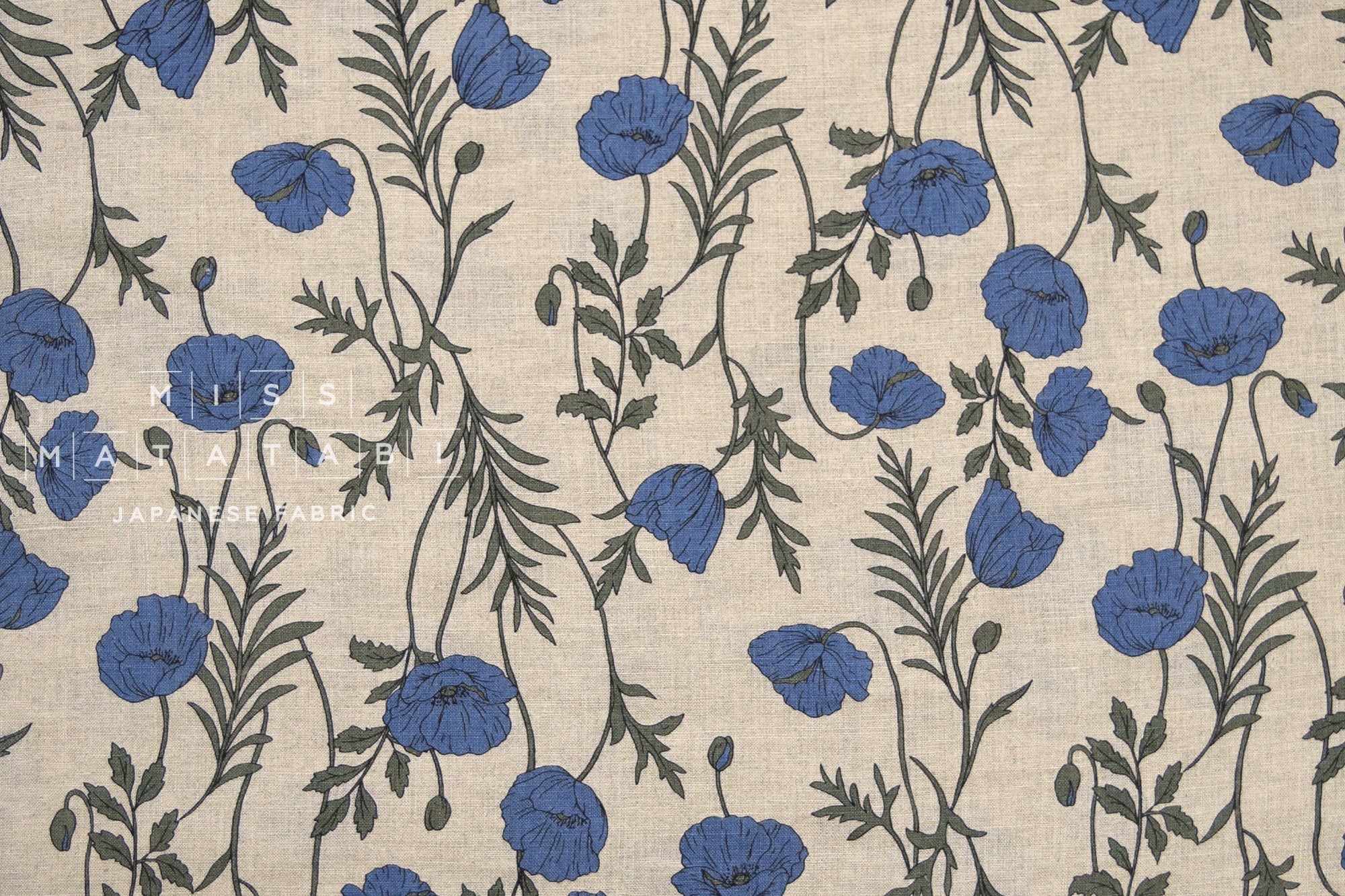100% linen Poppies II - blue, green