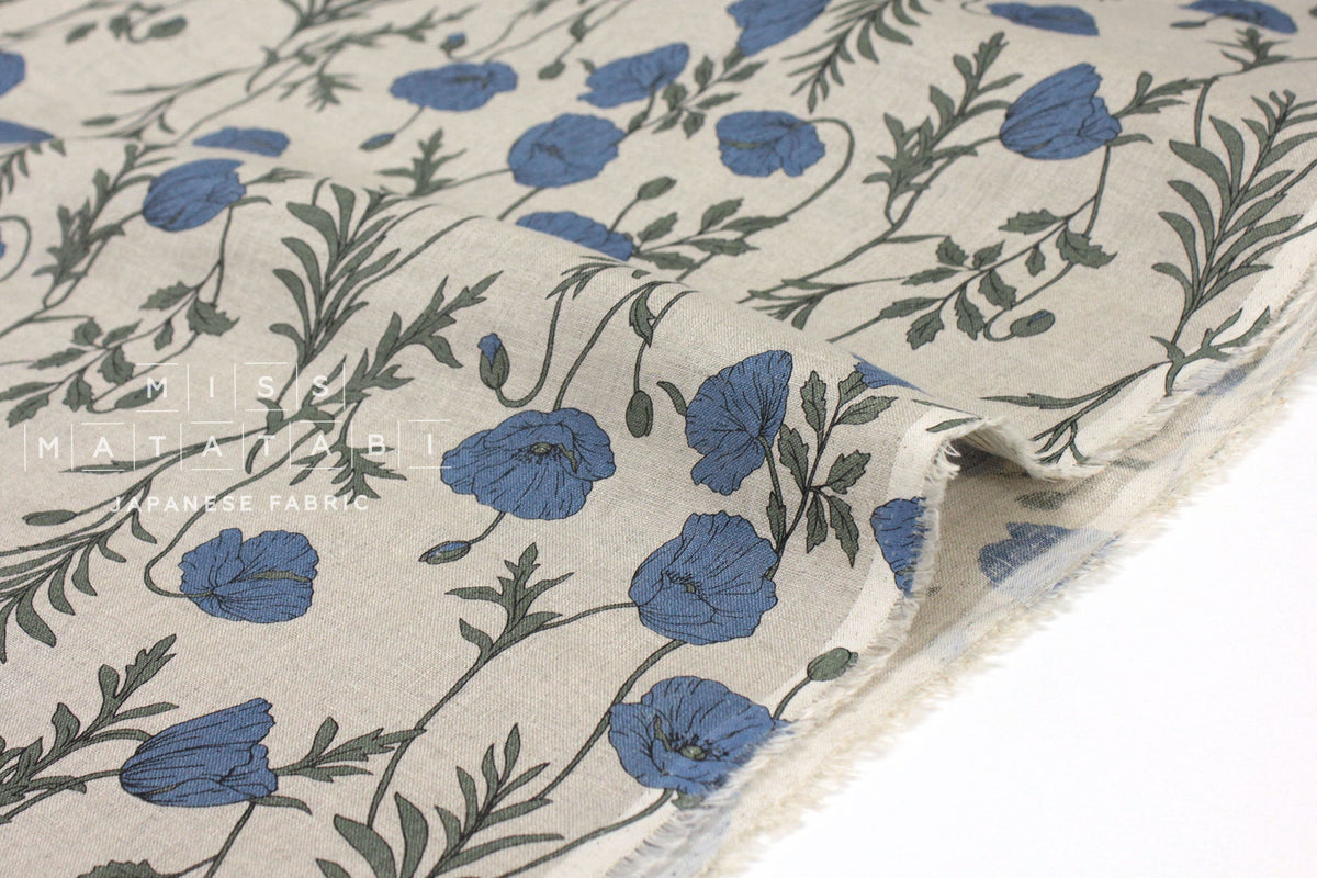 100% linen Poppies II - blue, green