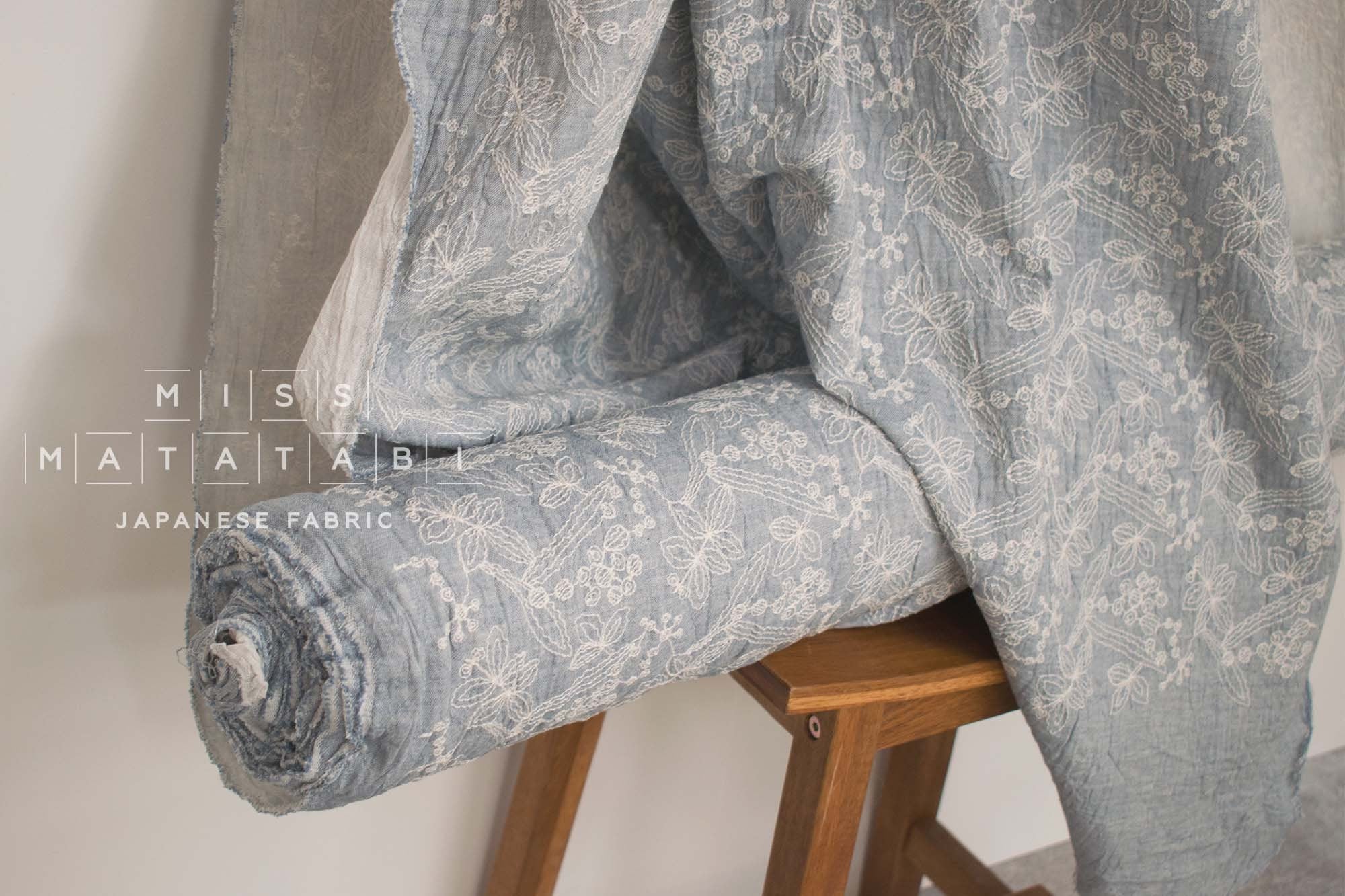 Japanese Fabric Shokunin Collection Yarn-Dyed Sun-Dried Embroidered Double Gauze - light blue -  50cm
