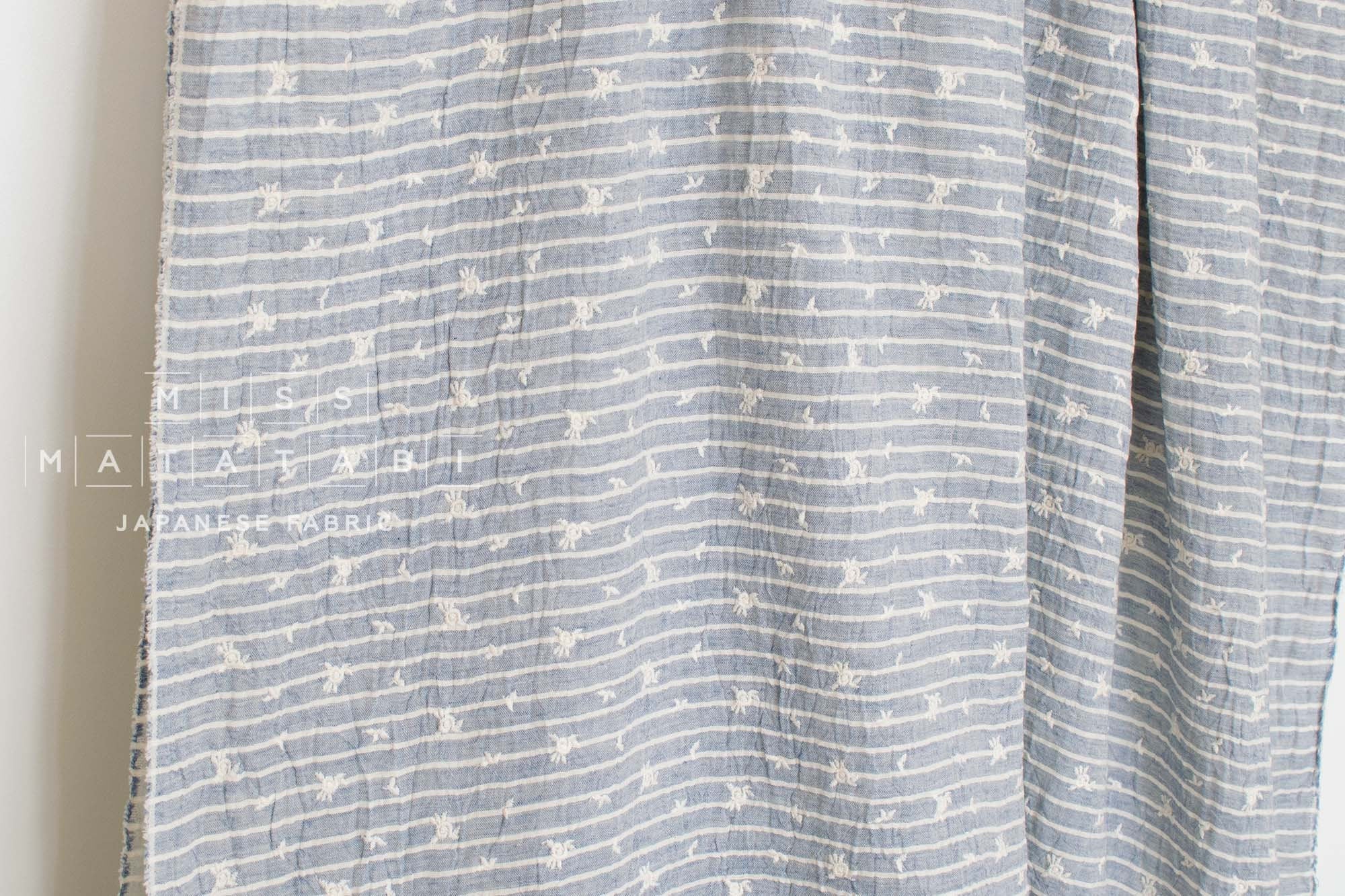 Japanese Fabric Shokunin Collection Yarn-Dyed Sun-Dried Embroidered Double Gauze Stripes II - light blue -  50cm