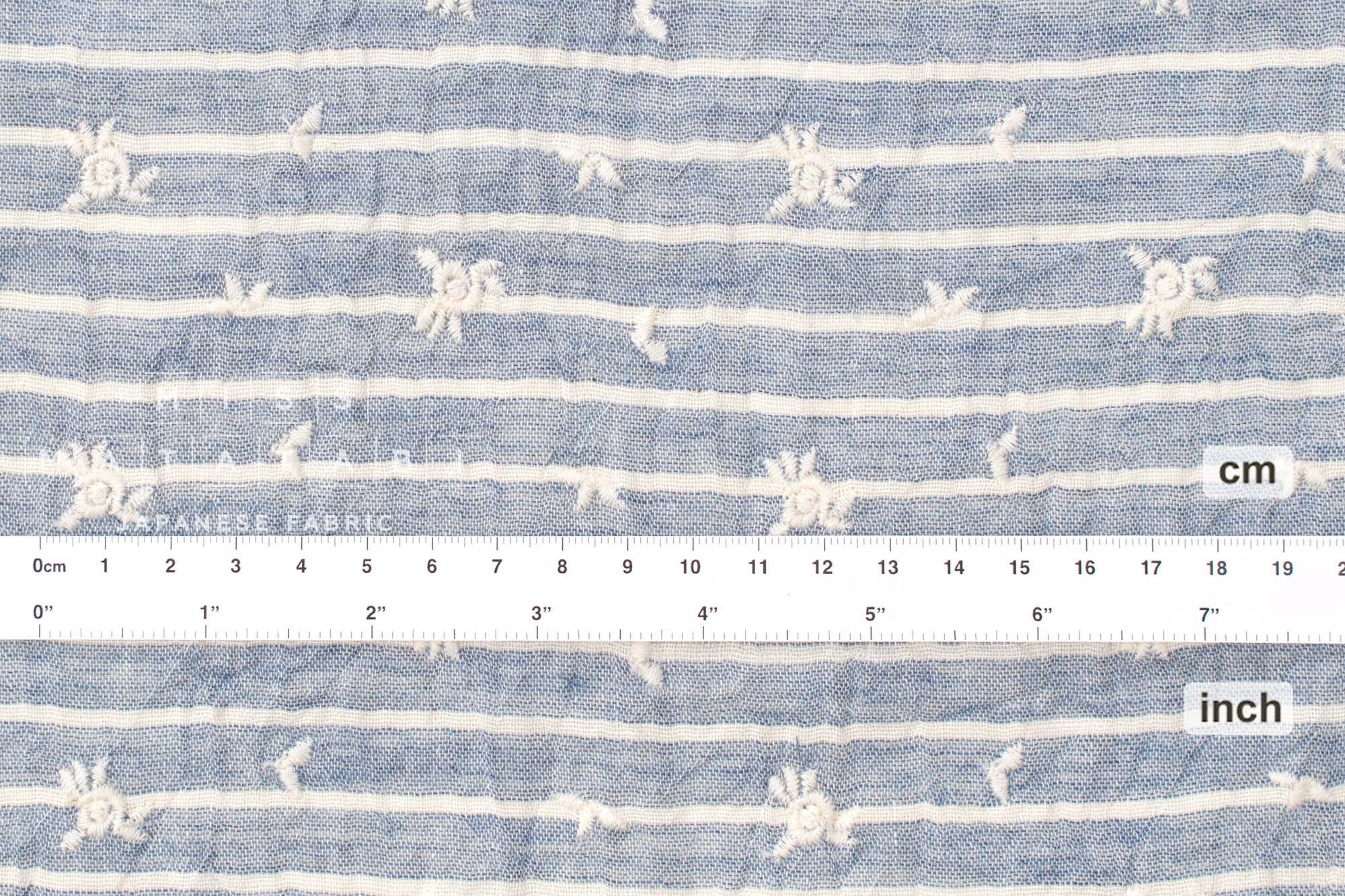 Japanese Fabric Shokunin Collection Yarn-Dyed Sun-Dried Embroidered Double Gauze Stripes II - light blue -  50cm