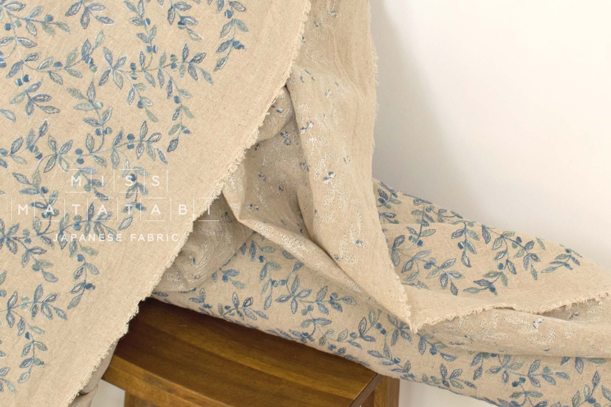 Japanese Fabric Shokunin Collection Yarn-Dyed Sun-Dried Kasuri Embroidered Linen Blend - blue -  50cm