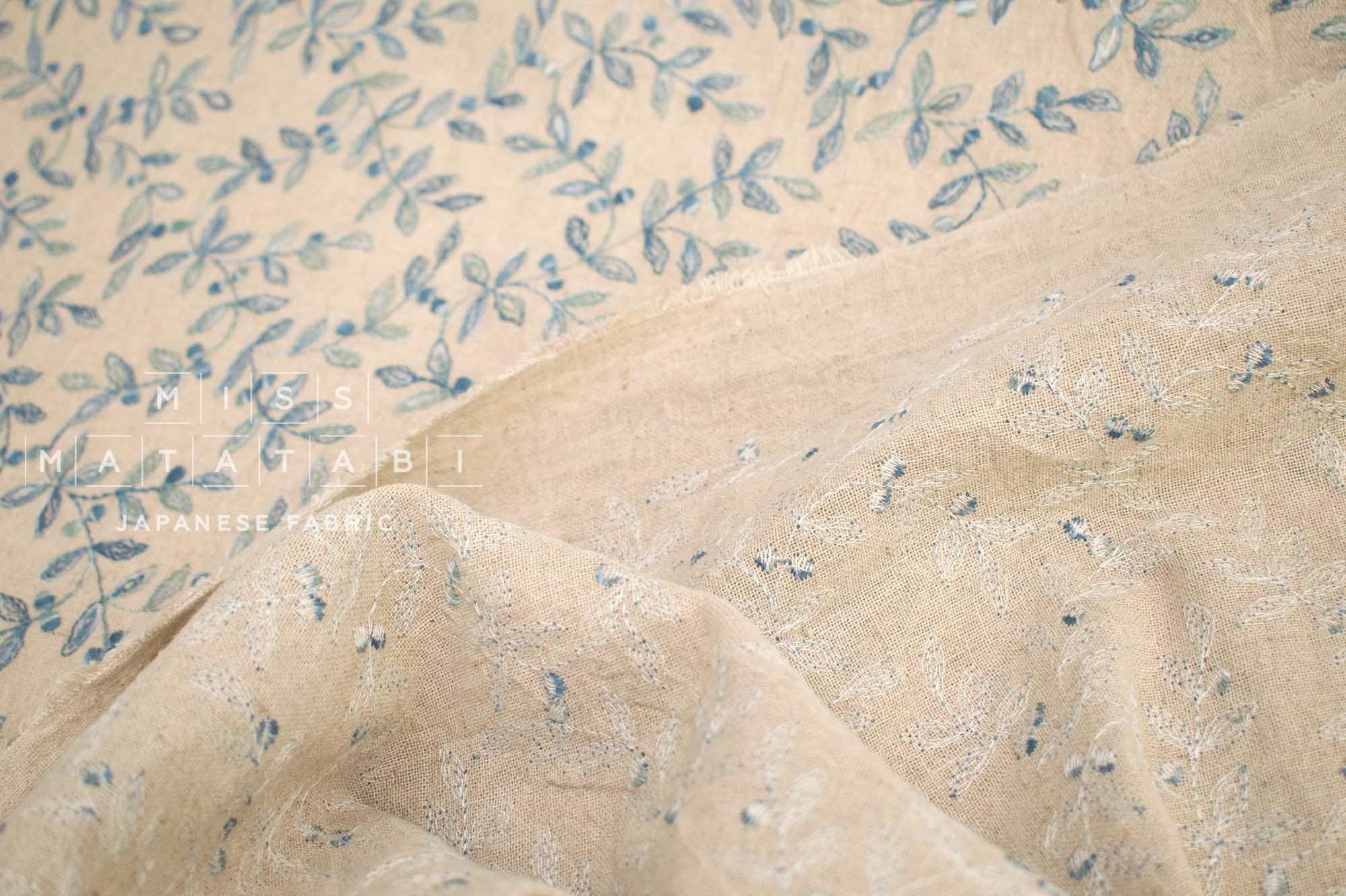 Japanese Fabric Shokunin Collection Yarn-Dyed Sun-Dried Kasuri Embroidered Linen Blend - blue -  50cm