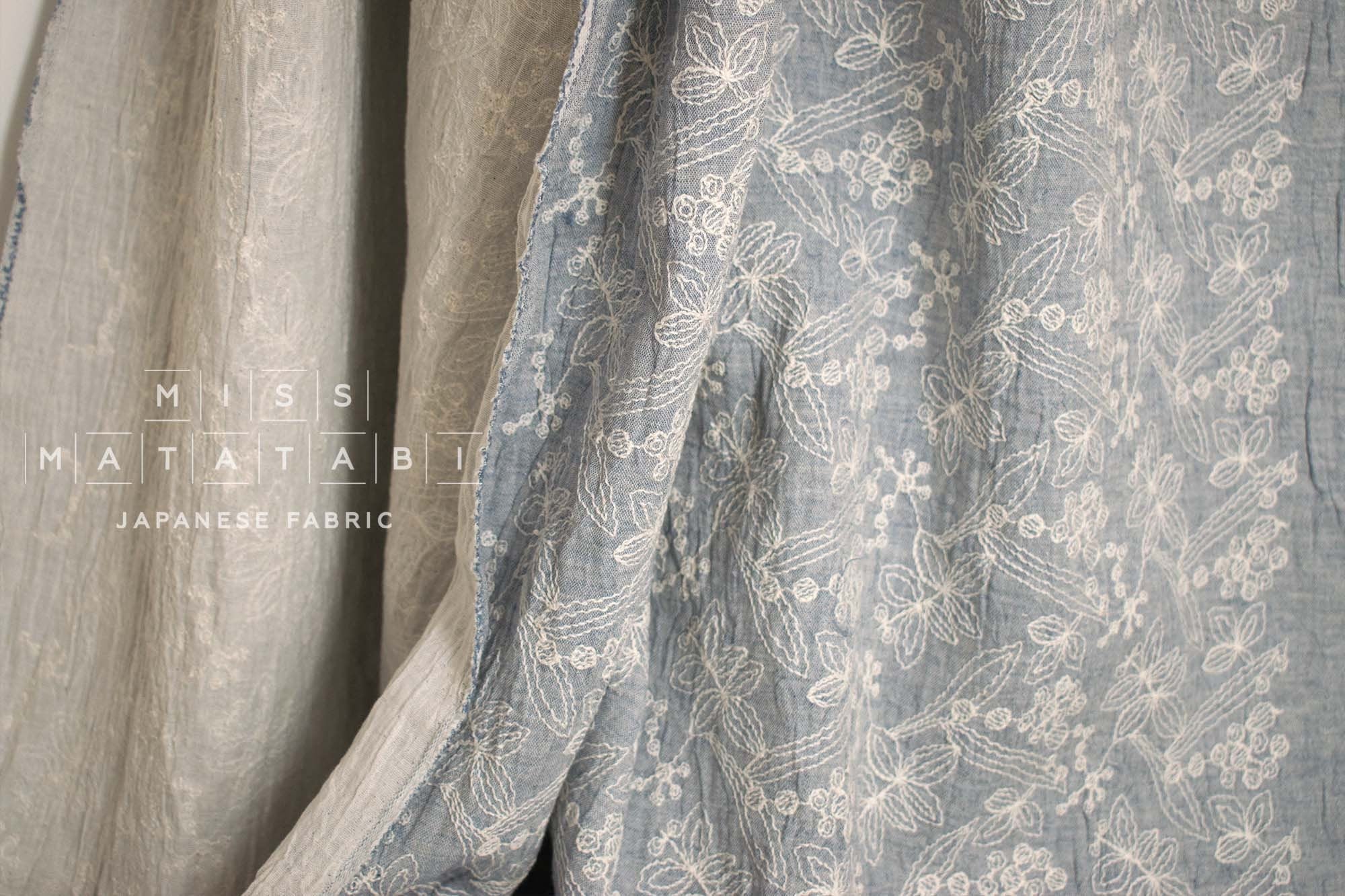 Japanese Fabric Shokunin Collection Yarn-Dyed Sun-Dried Embroidered Double Gauze - light blue -  50cm