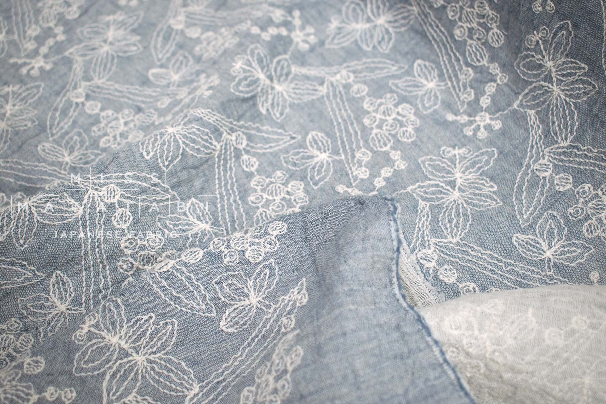Japanese Fabric Shokunin Collection Yarn-Dyed Sun-Dried Embroidered Double Gauze - light blue -  50cm