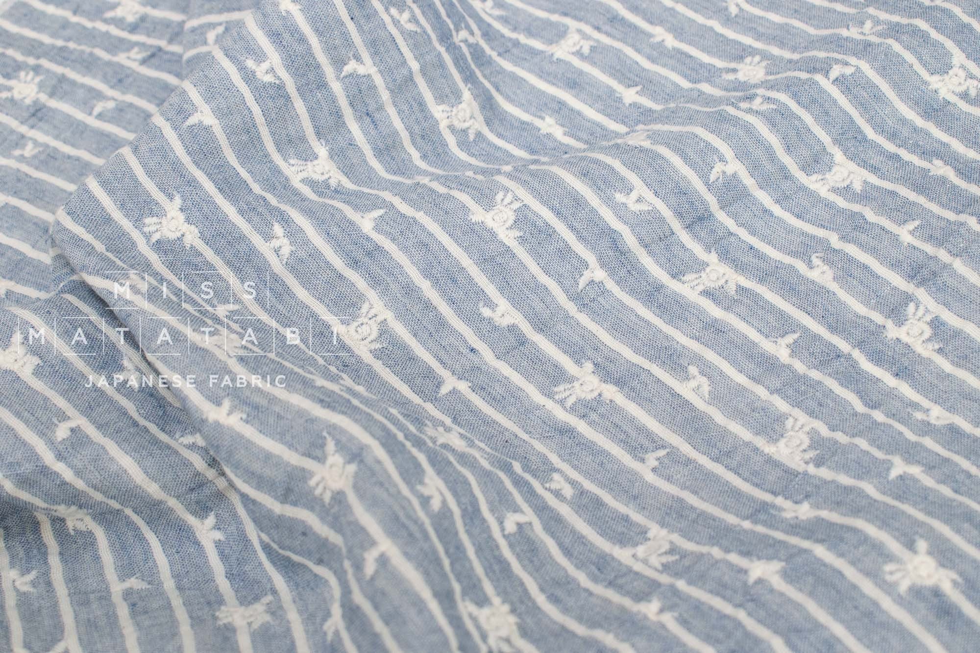 Japanese Fabric Shokunin Collection Yarn-Dyed Sun-Dried Embroidered Double Gauze Stripes II - light blue -  50cm