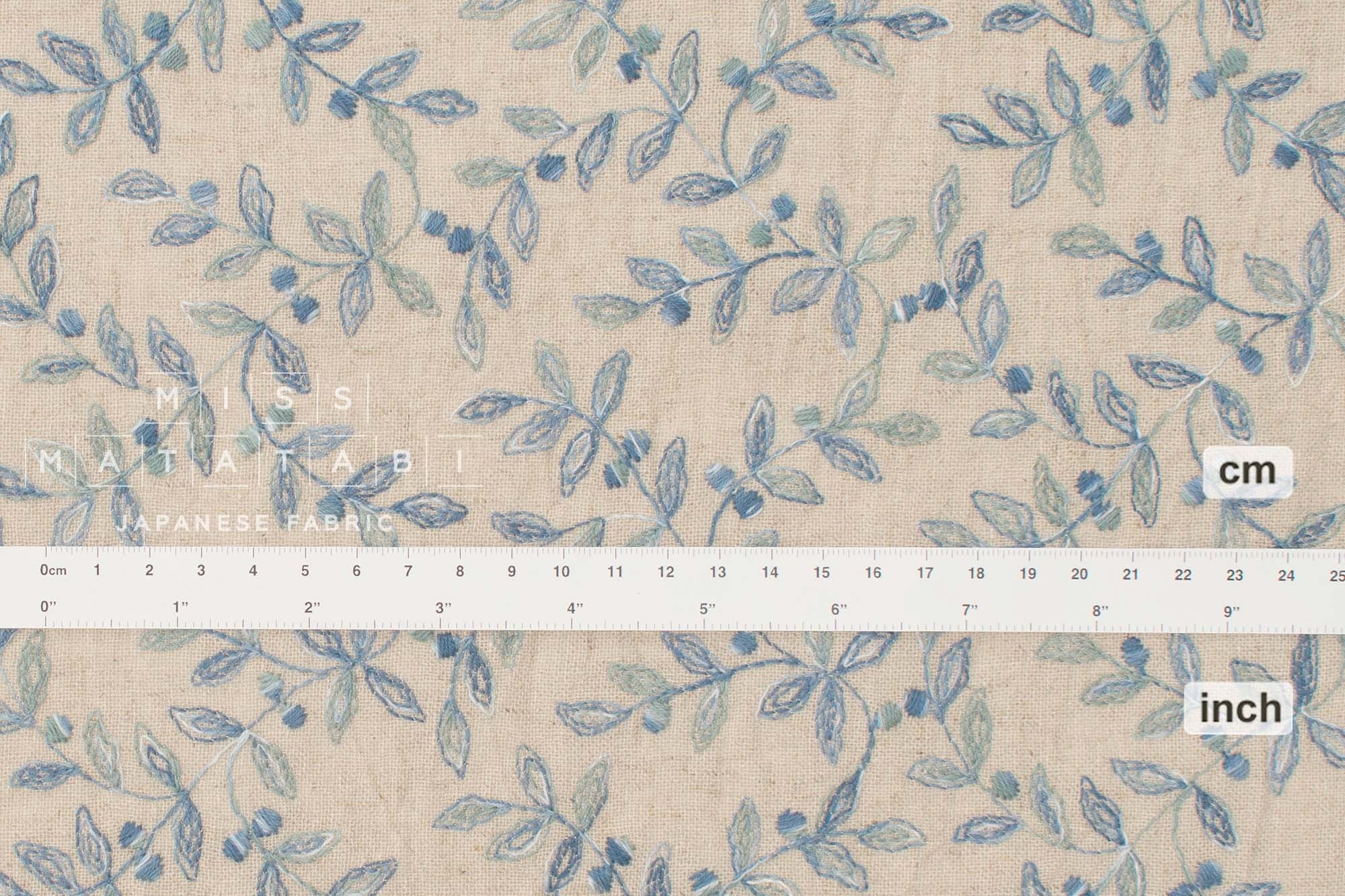 Japanese Fabric Shokunin Collection Yarn-Dyed Sun-Dried Kasuri Embroidered Linen Blend - blue -  50cm