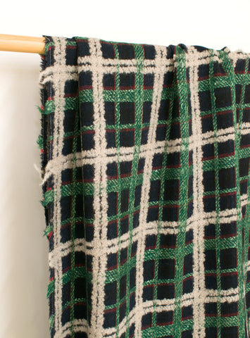 Japanese Fabric Yarn Dyed Wool Textured Plaid - green, navy - 50cm