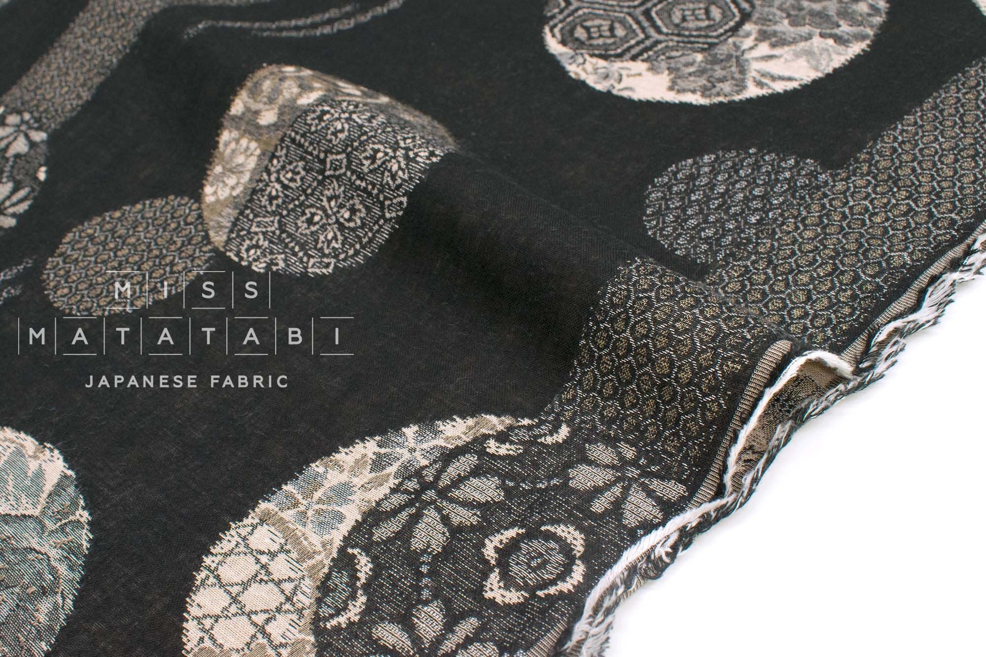 Japanese Fabric Yarn Dyed Jacquard Woven Crescent Moon - black, latte - 50cm