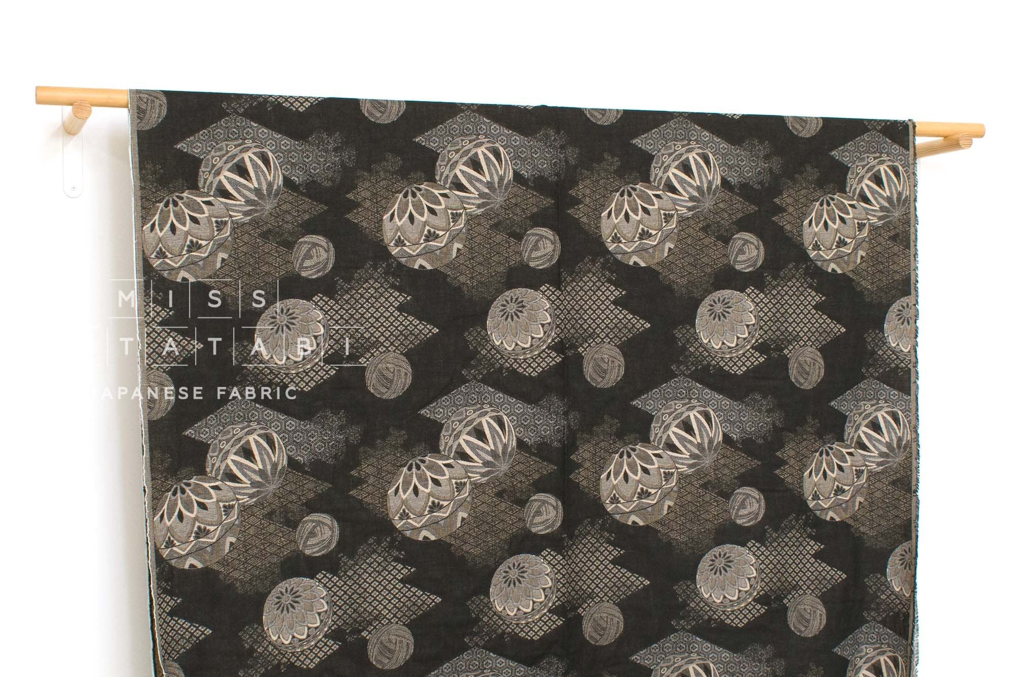 Japanese Fabric Yarn Dyed Jacquard Woven Hishi Monyo - black, latte - 50cm