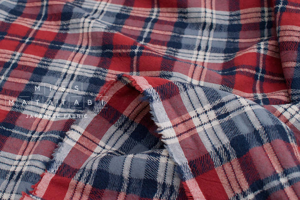 Japanese Fabric Shokunin Collection Yarn-Dyed Wool Plaid - red, navy - 50cm