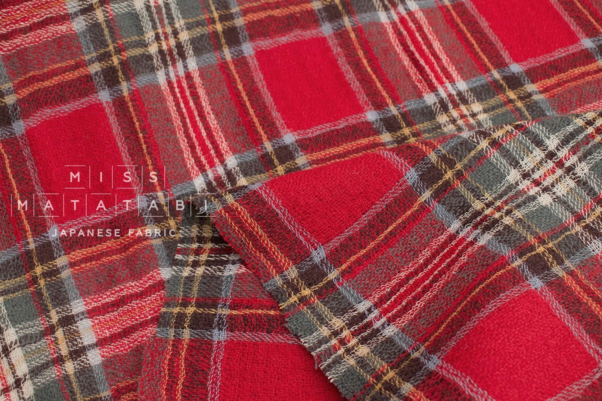 Japanese Fabric Shokunin Collection Yarn-Dyed Wool Tartan Plaid - red - 50cm