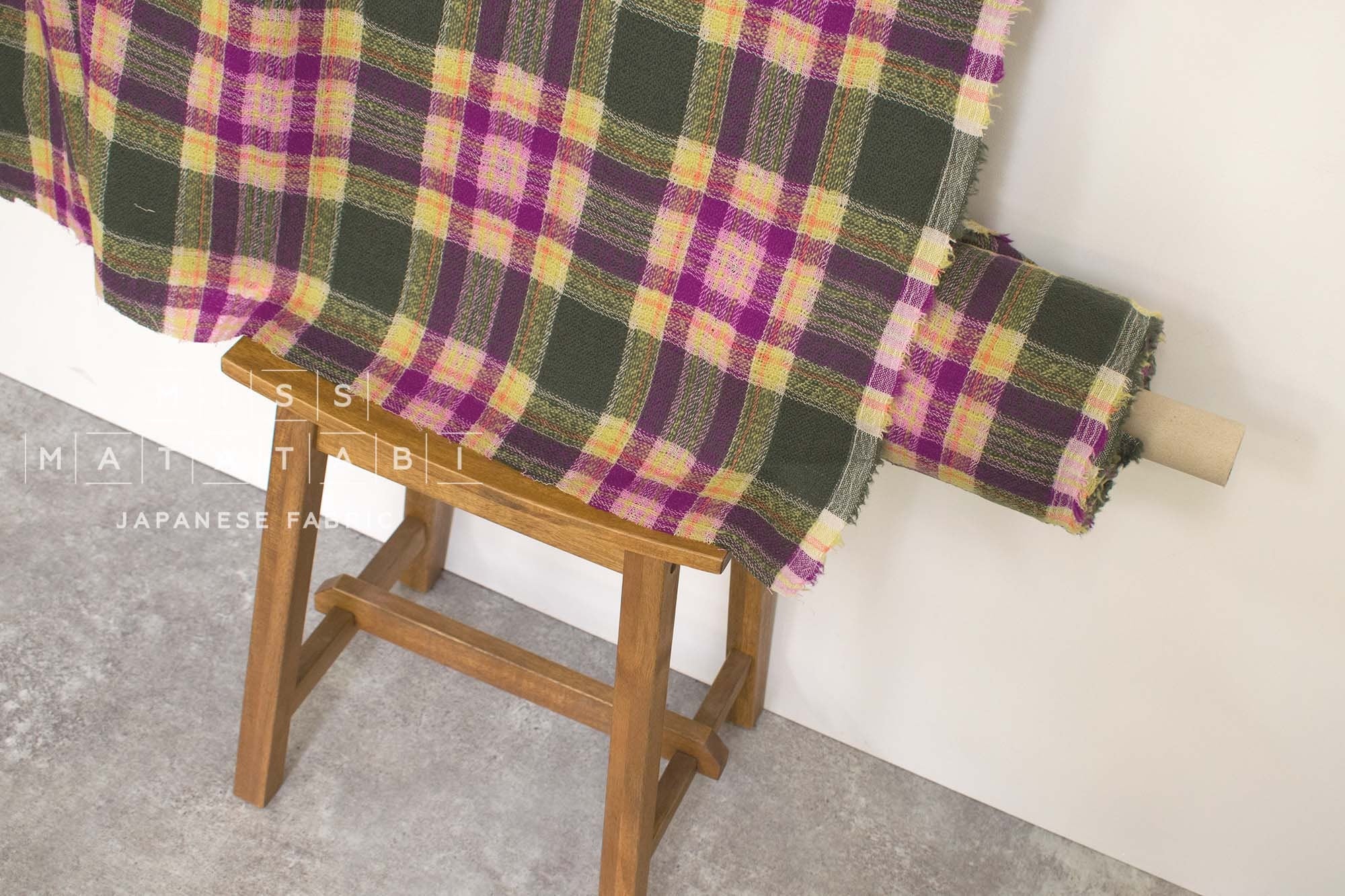Japanese Fabric Shokunin Collection Yarn-Dyed Wool Tartan Plaid - purple, forest green - 50cm