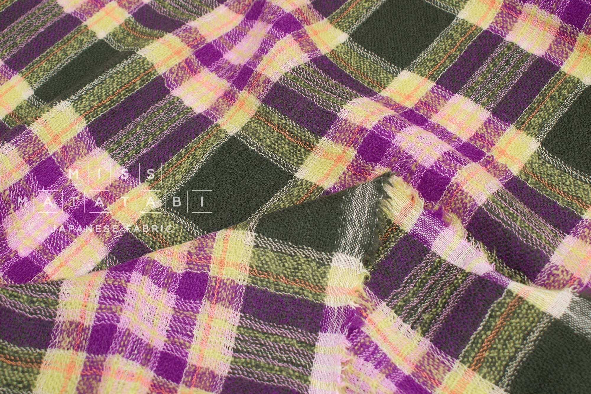Japanese Fabric Shokunin Collection Yarn-Dyed Wool Tartan Plaid - purple, forest green - 50cm