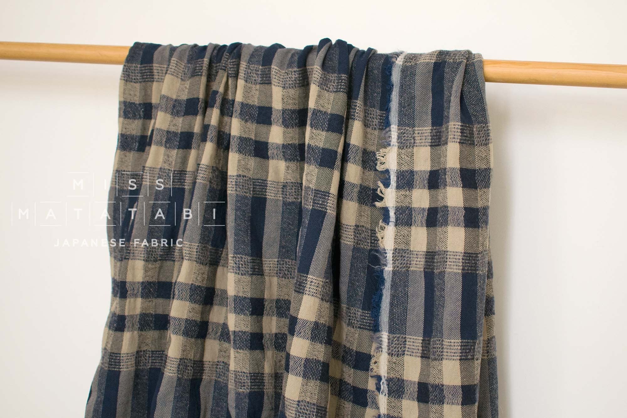 Japanese Fabric Shokunin Collection Yarn-Dyed Wool Blend Check Plaid - blue - 50cm