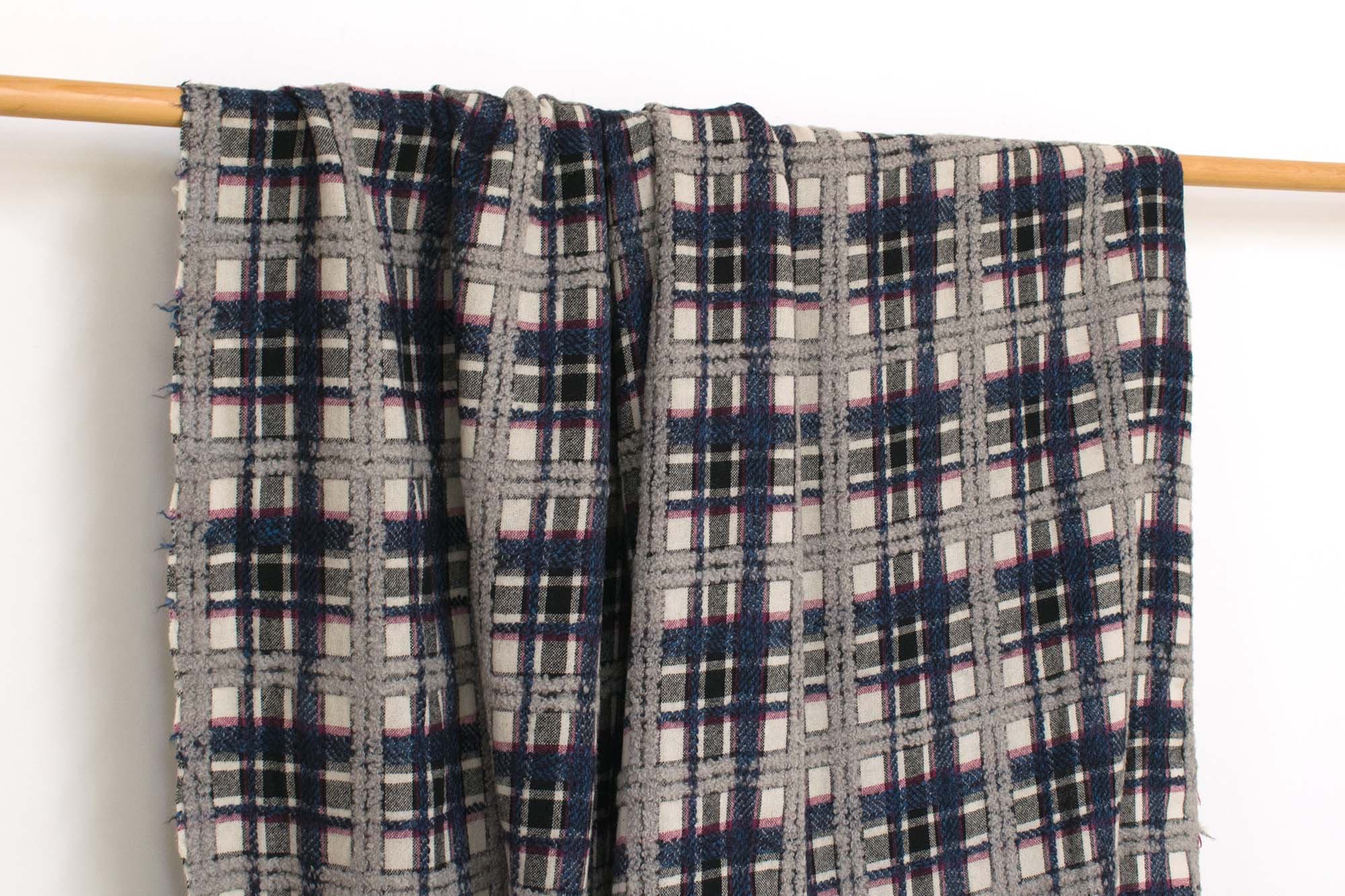 Japanese Fabric Yarn Dyed Wool Textured Plaid - blue, grey - 50cm