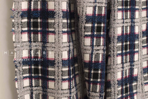 Japanese Fabric Yarn Dyed Wool Textured Plaid - blue, grey - 50cm