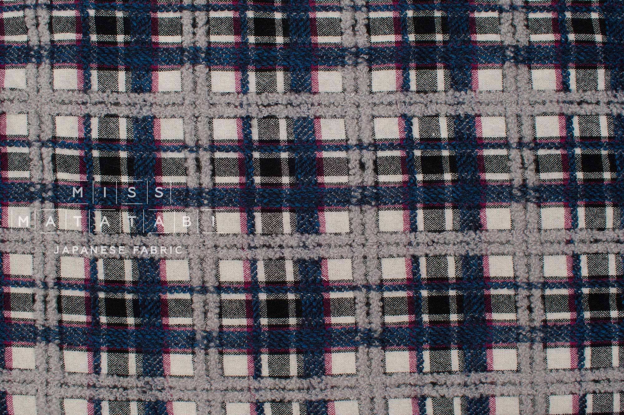 Japanese Fabric Yarn Dyed Wool Textured Plaid - blue, grey - 50cm