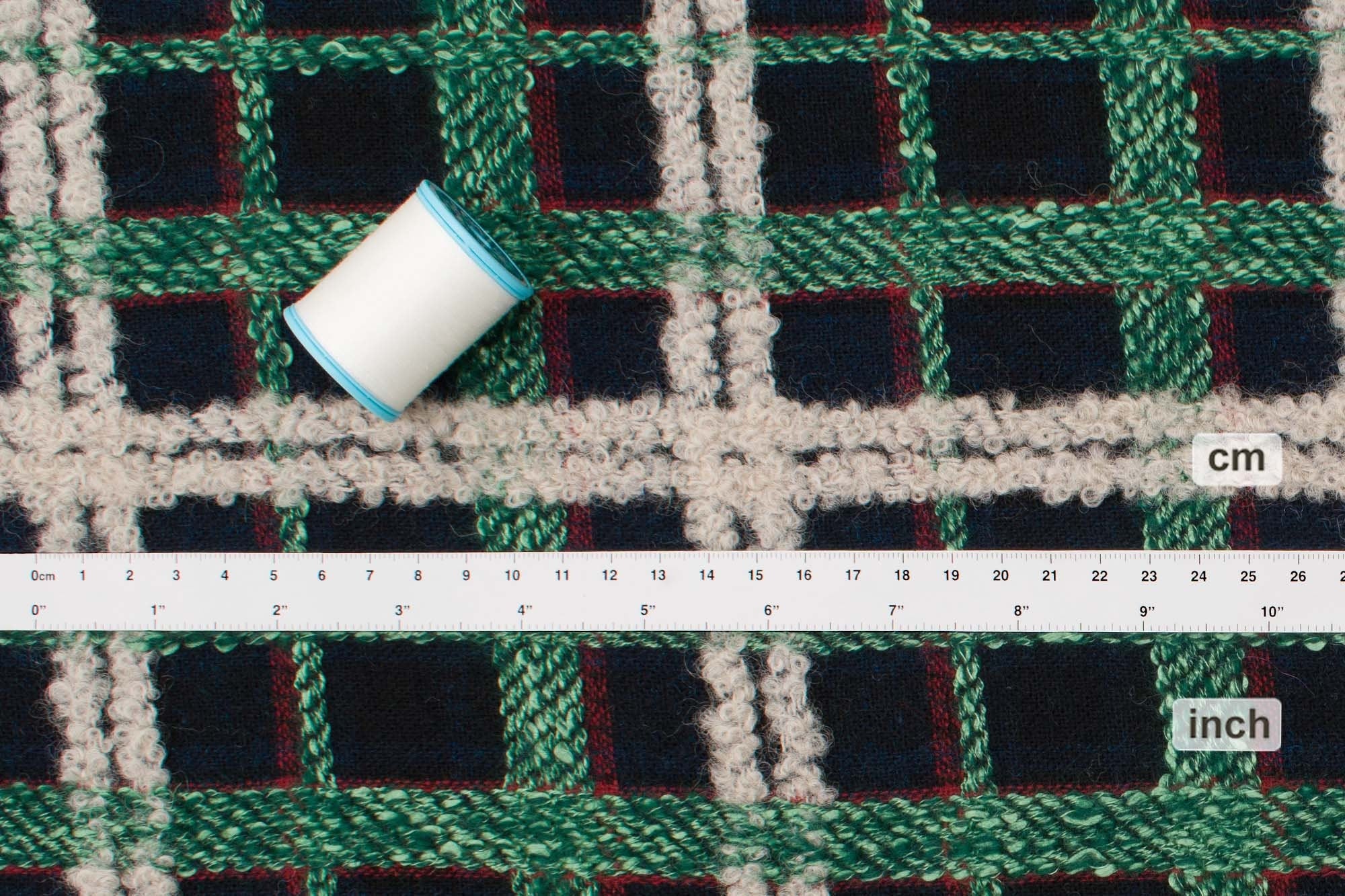 Japanese Fabric Yarn Dyed Wool Textured Plaid - green, navy - 50cm