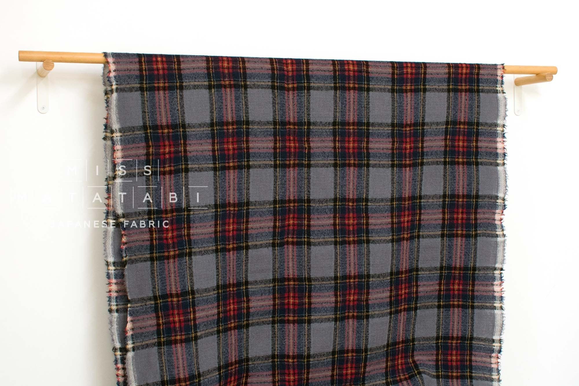 Japanese Fabric Shokunin Collection Yarn-Dyed Wool Tartan Plaid - grey, blue - 50cm