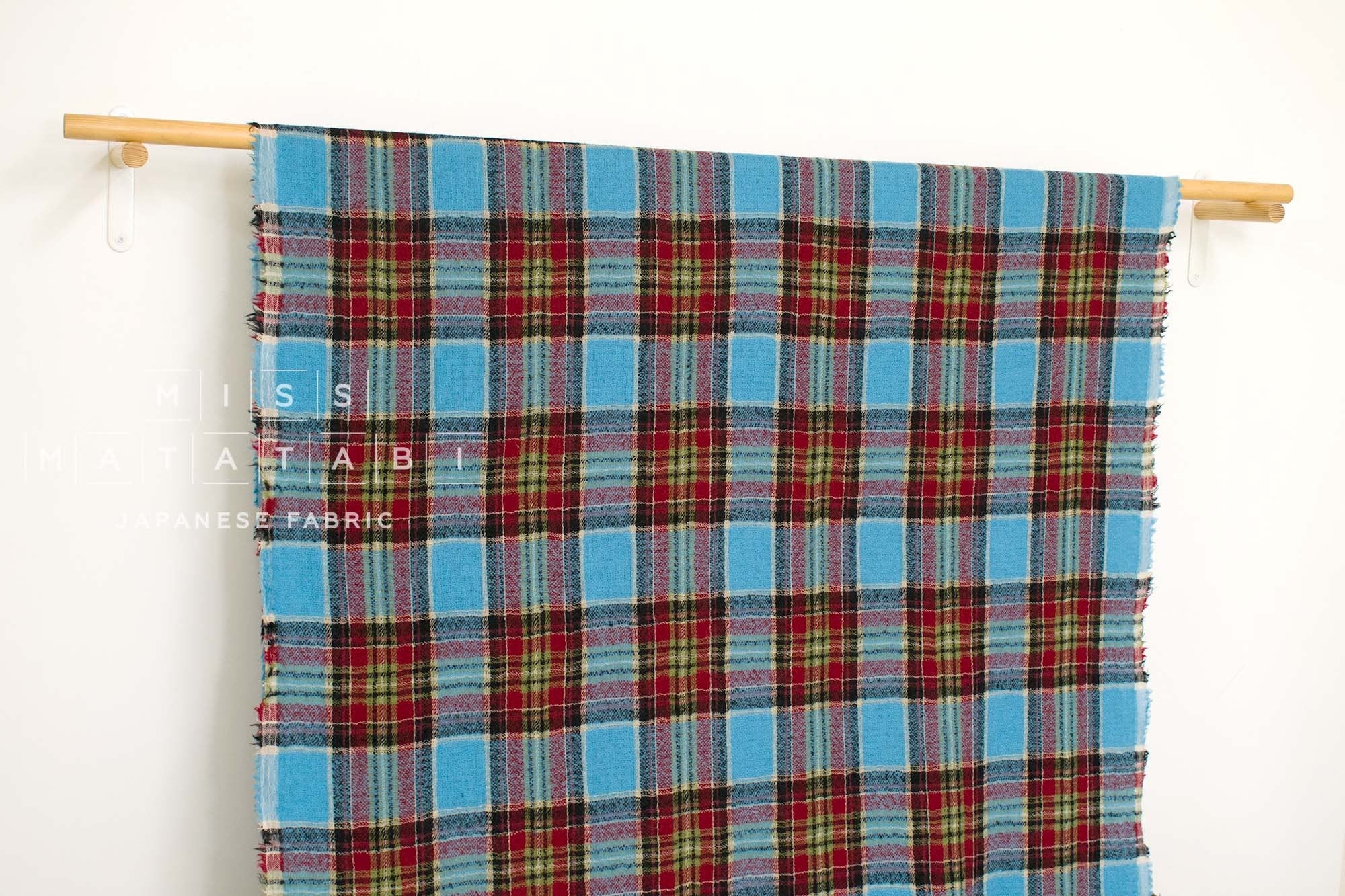 Japanese Fabric Shokunin Collection Yarn-Dyed Wool Tartan Plaid - aqua - 50cm