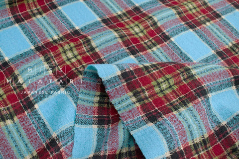 Japanese Fabric Shokunin Collection Yarn-Dyed Wool Tartan Plaid - aqua - 50cm