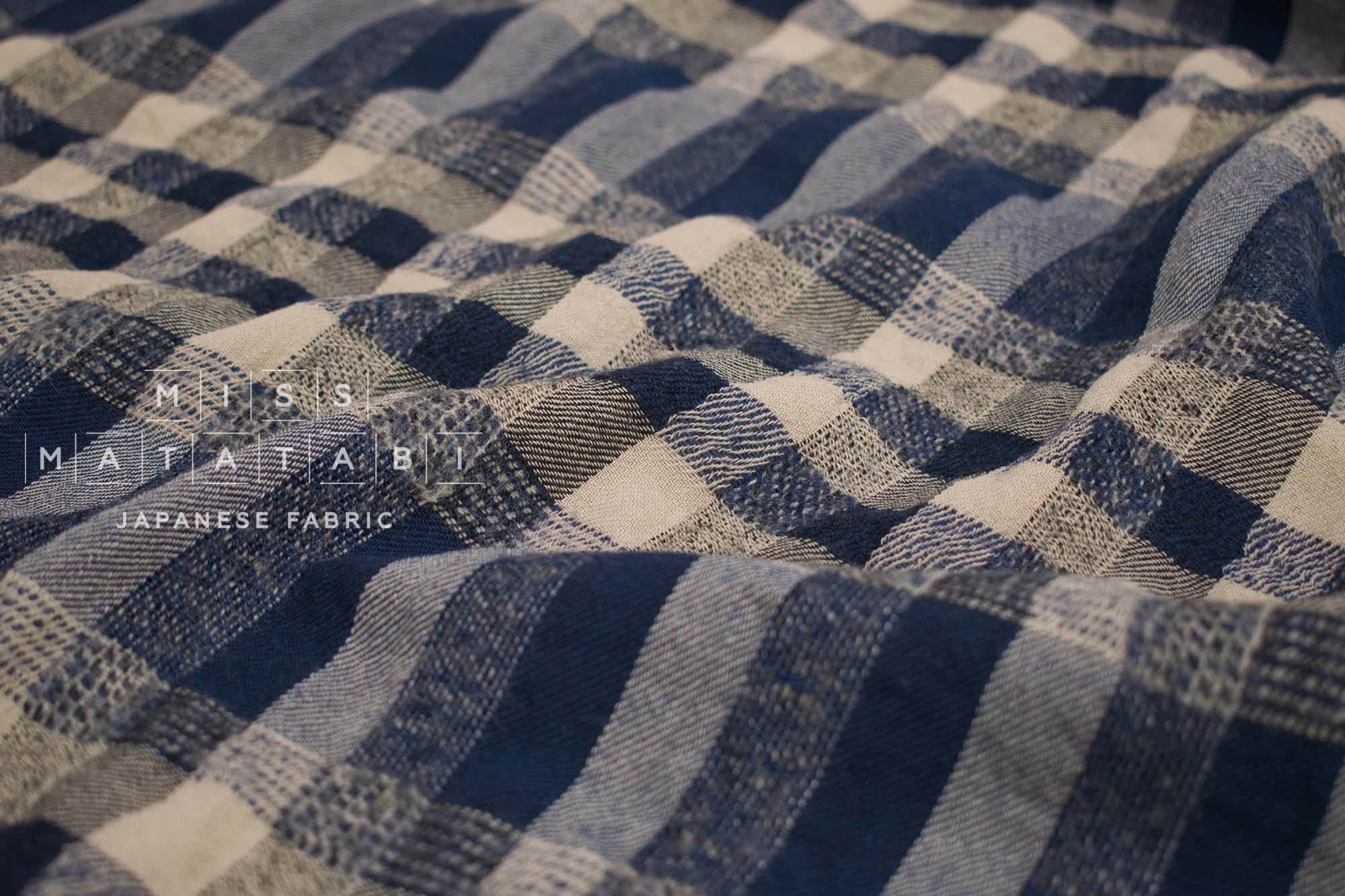 Japanese Fabric Shokunin Collection Yarn-Dyed Wool Blend Check Plaid - blue - 50cm