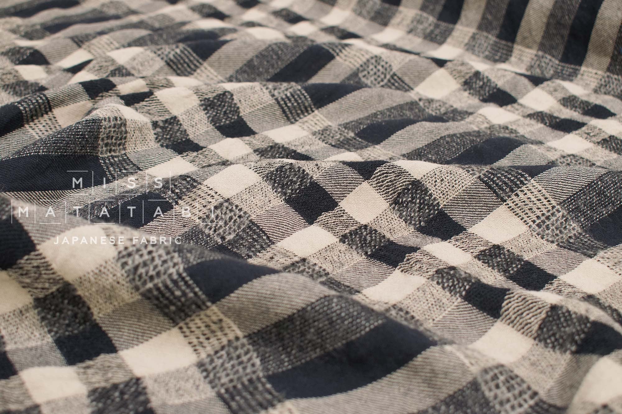 Japanese Fabric Shokunin Collection Yarn-Dyed Wool Blend Check Plaid - black - 50cm