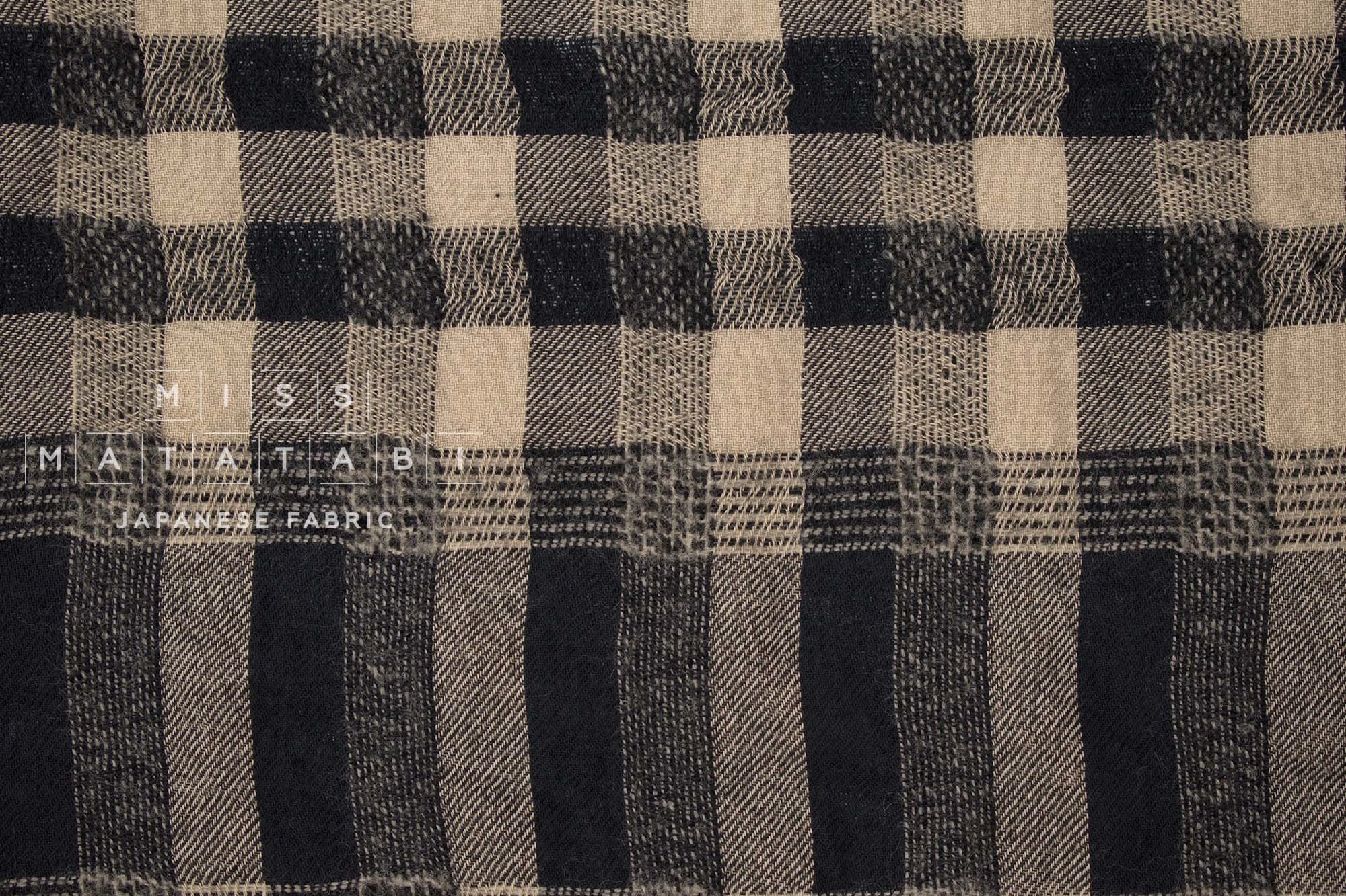 Japanese Fabric Shokunin Collection Yarn-Dyed Wool Blend Check Plaid - black - 50cm