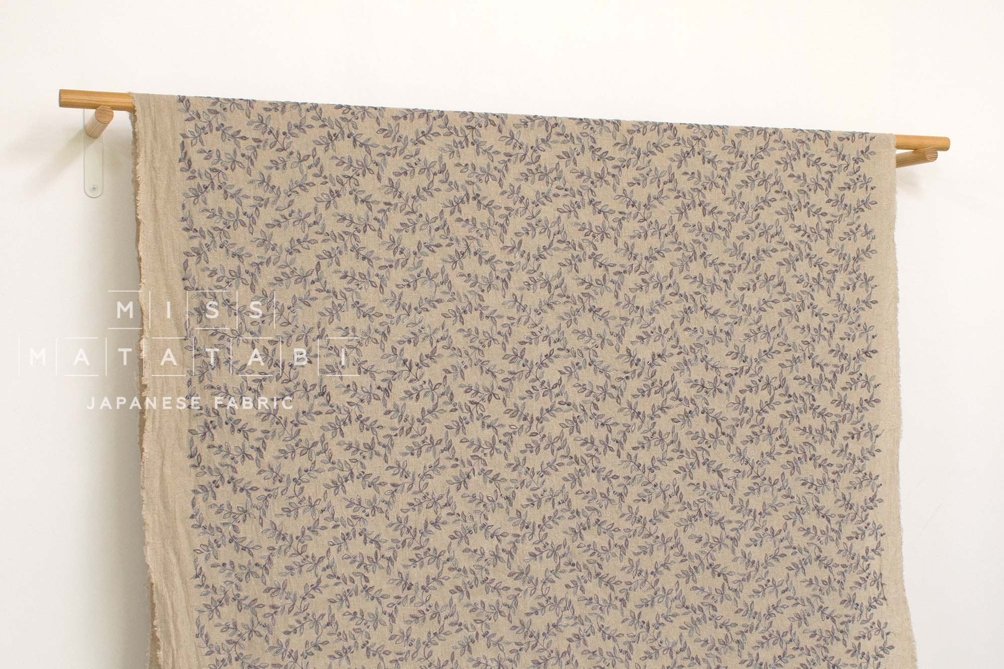 Japanese Fabric Shokunin Collection Yarn-Dyed Sun-Dried Kasuri Embroidered Linen Blend - eggplant, grey -  50cm