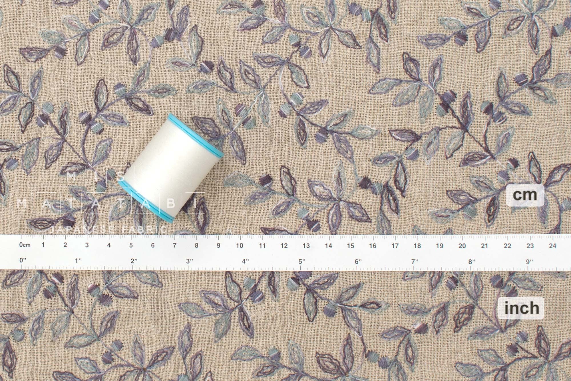 Japanese Fabric Shokunin Collection Yarn-Dyed Sun-Dried Kasuri Embroidered Linen Blend - eggplant, grey -  50cm