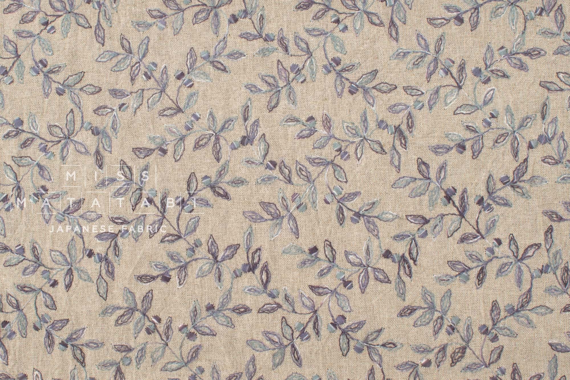 Japanese Fabric Shokunin Collection Yarn-Dyed Sun-Dried Kasuri Embroidered Linen Blend - eggplant, grey -  50cm
