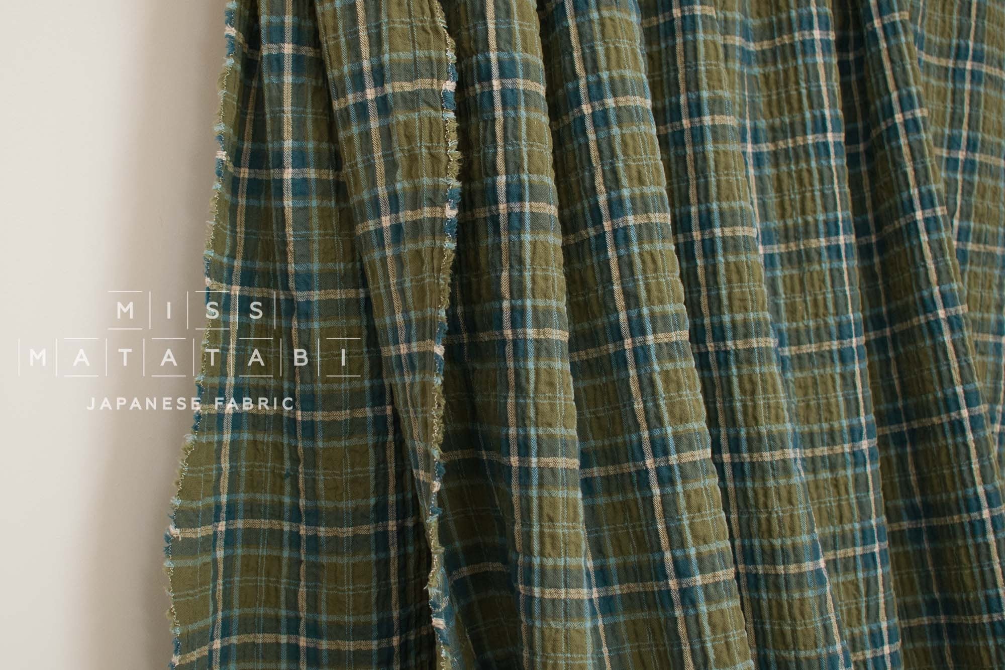 Japanese Fabric Shokunin Collection Yarn-Dyed Plaid Herringbone - green, blue - 50cm