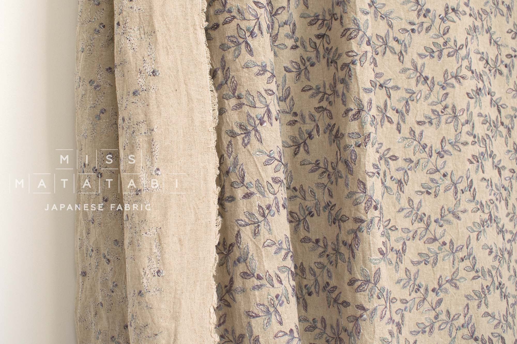 Japanese Fabric Shokunin Collection Yarn-Dyed Sun-Dried Kasuri Embroidered Linen Blend - eggplant, grey -  50cm